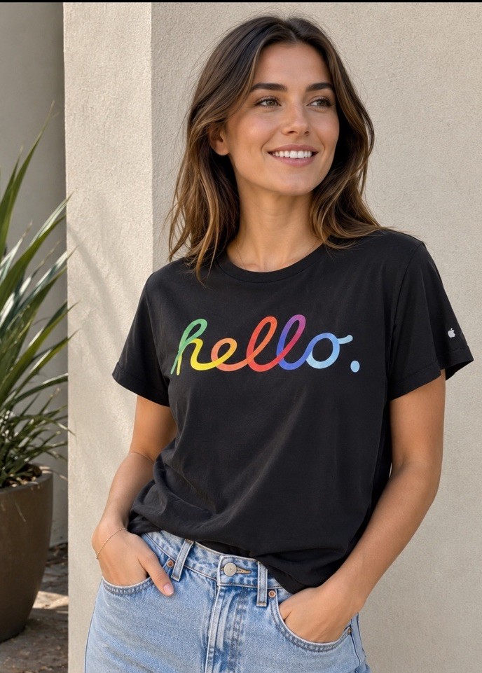 APPLE Rainbow “hello” T-SHIRT Black Employee iPhone Watch Cupertino Sz XS