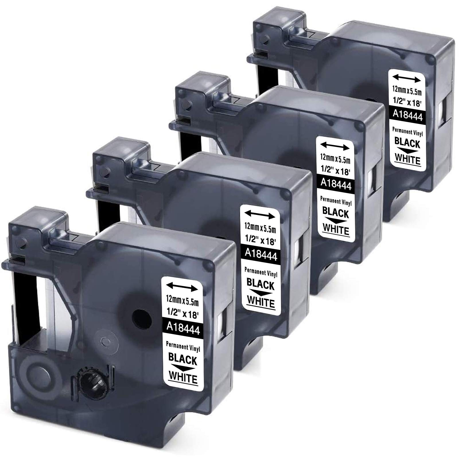 12mm Tape Compatible with Dymo Rhino 18444 Vinyl Labels Black 4x