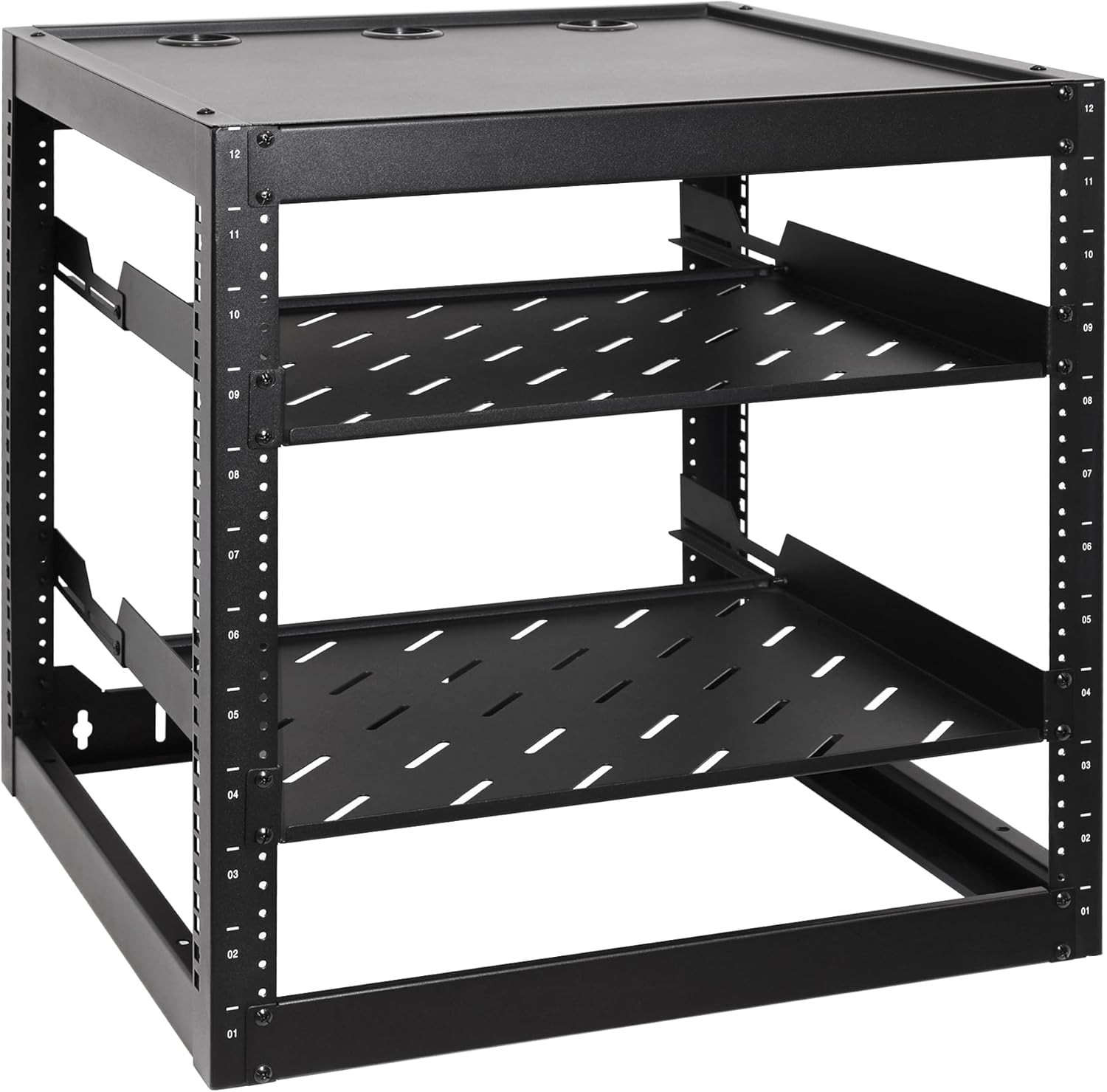 12U Open Frame Network Rack with 2X 14In Vented 1U Shelves Rear Support, Wall Mo