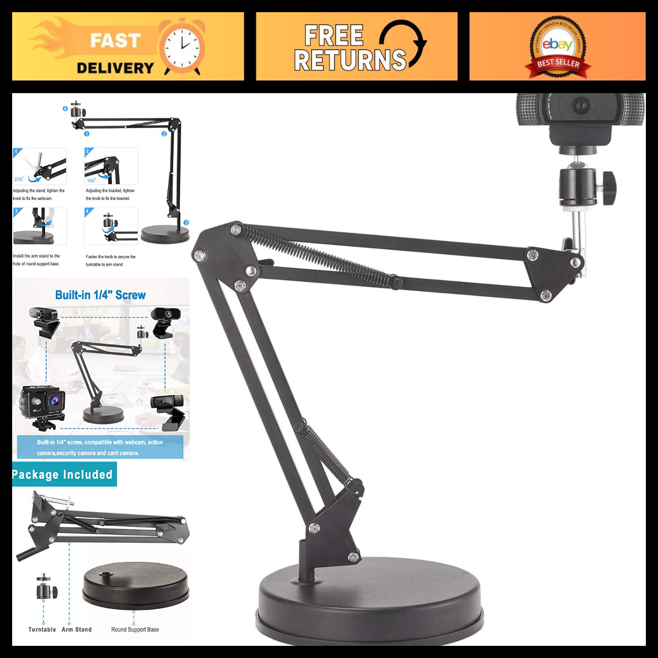 Adjustable Webcam Stand & Camera Mount, 22" Boom Scissor Arm for C920, Hero 8/7/