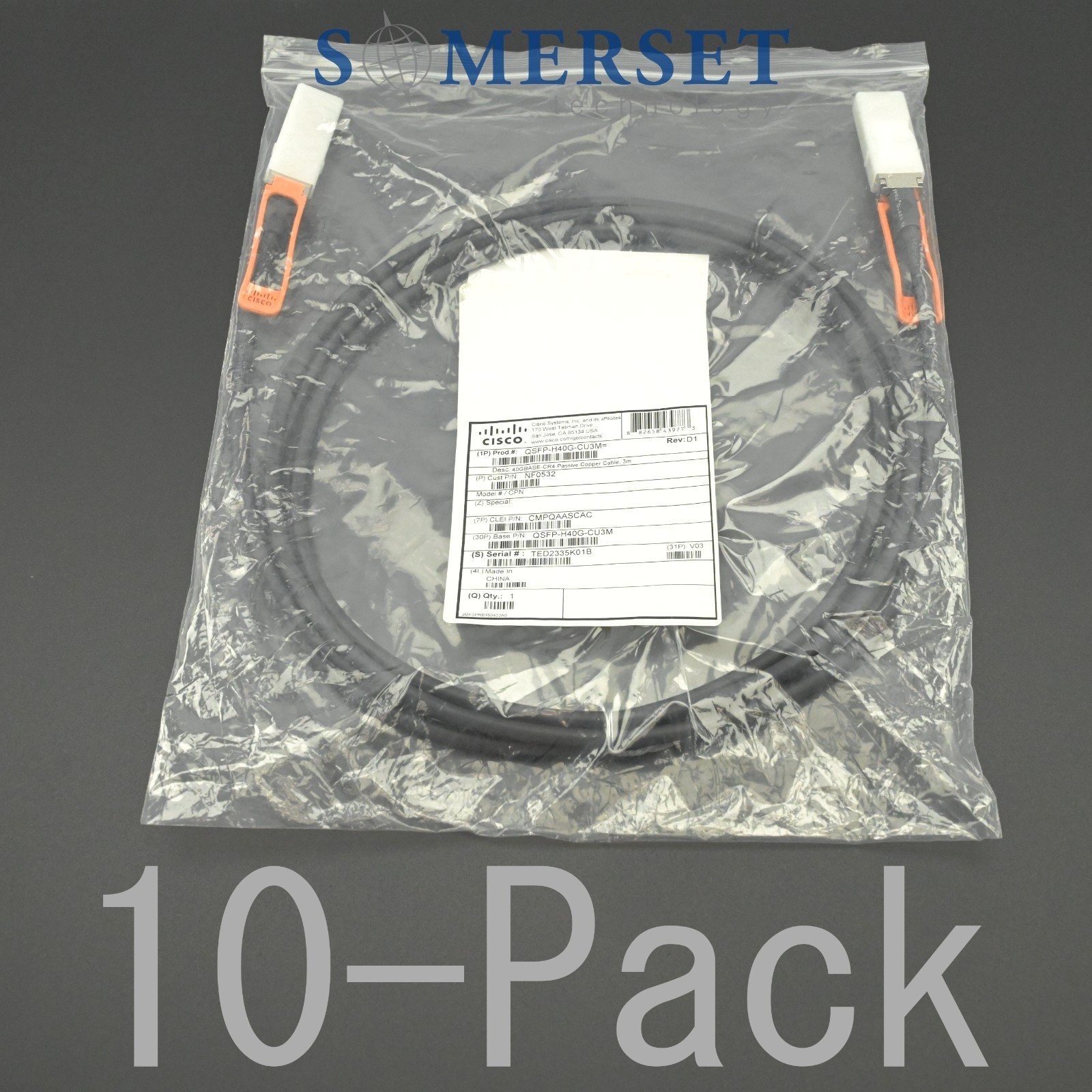 QSFP-H40G-CU3M= 37-1317-03 Cisco 40GBASE-CR4 Passive Copper 3m DAC Cable - 10pcs
