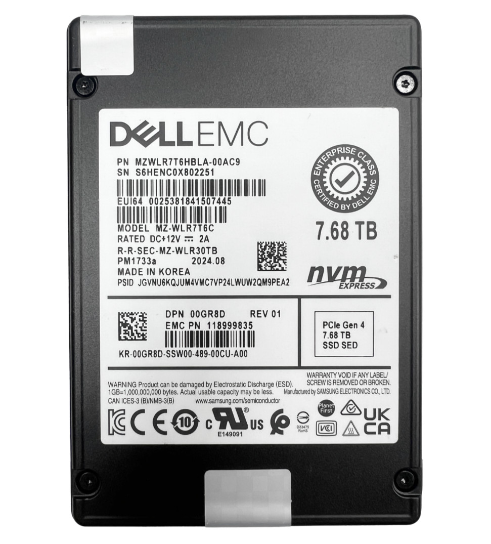 DELL EMC 7.68TB PCIe Gen4 NVMe U.2 2.5" SSD SED MZ-WLR7T6C 100% 3.1K HOURS 0GR8D
