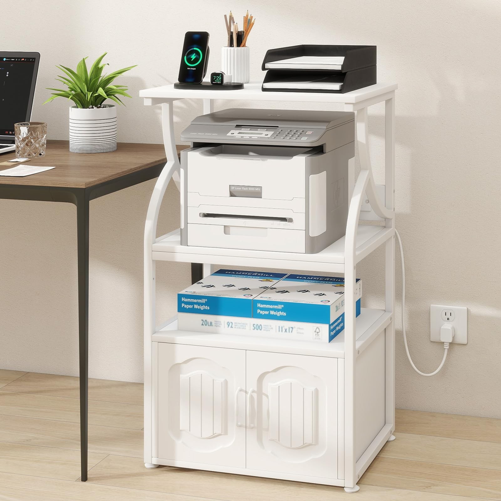 Printer Stand with File Cabinet,4 -Tier Rolling Printer Table with Power Outl...