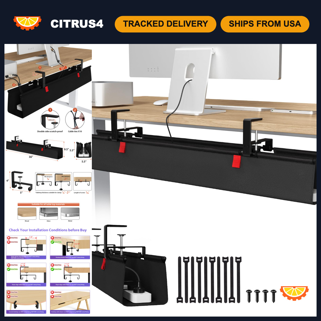 36-Inch No Drill Under Desk Cable Management Tray - Tidy Up Cords & Wires