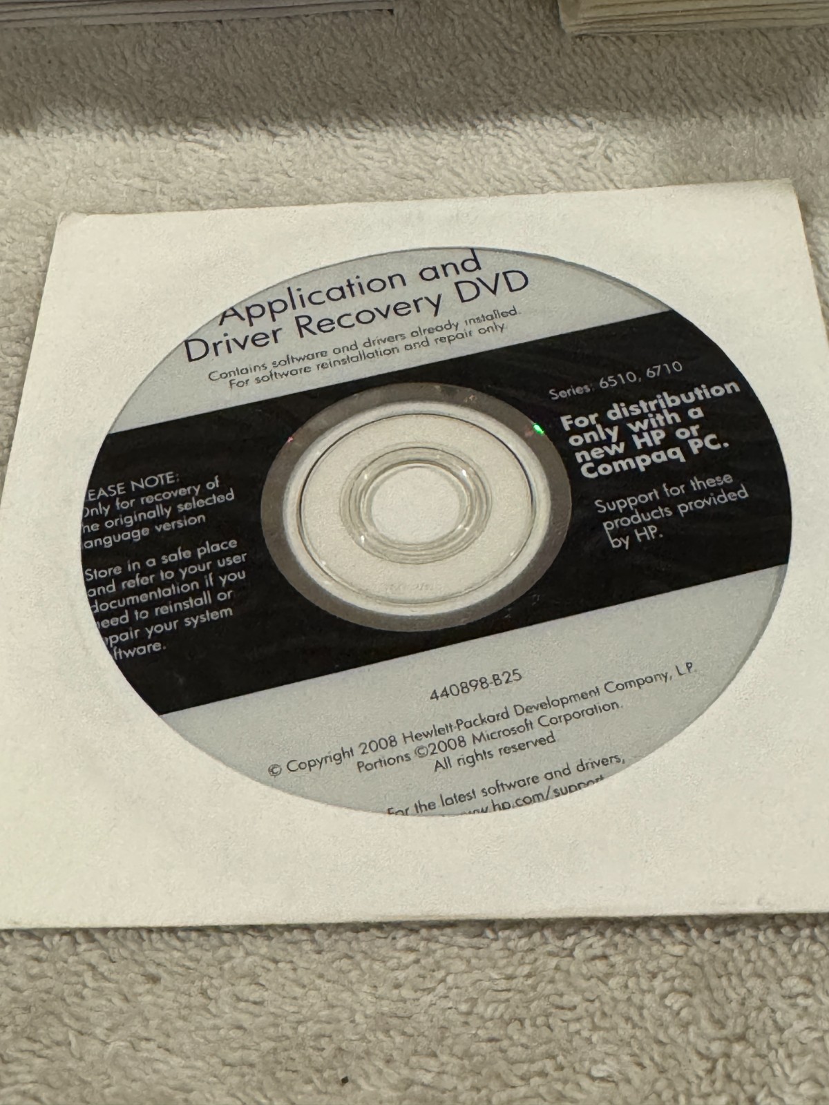 HP Application & Driver Recovery DVD Series 6510 6710 - CD ONLY IN GOOD CONDITIO