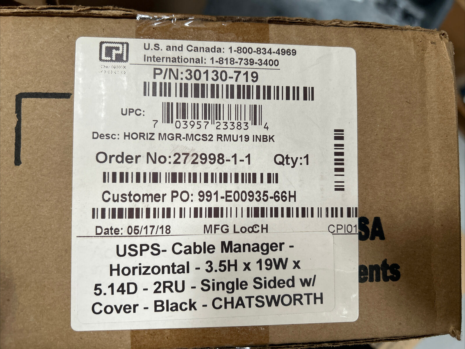 Chatsworth CPI 30130-719 2U Single-Sided Universal Horizontal Wire Manager- NEW
