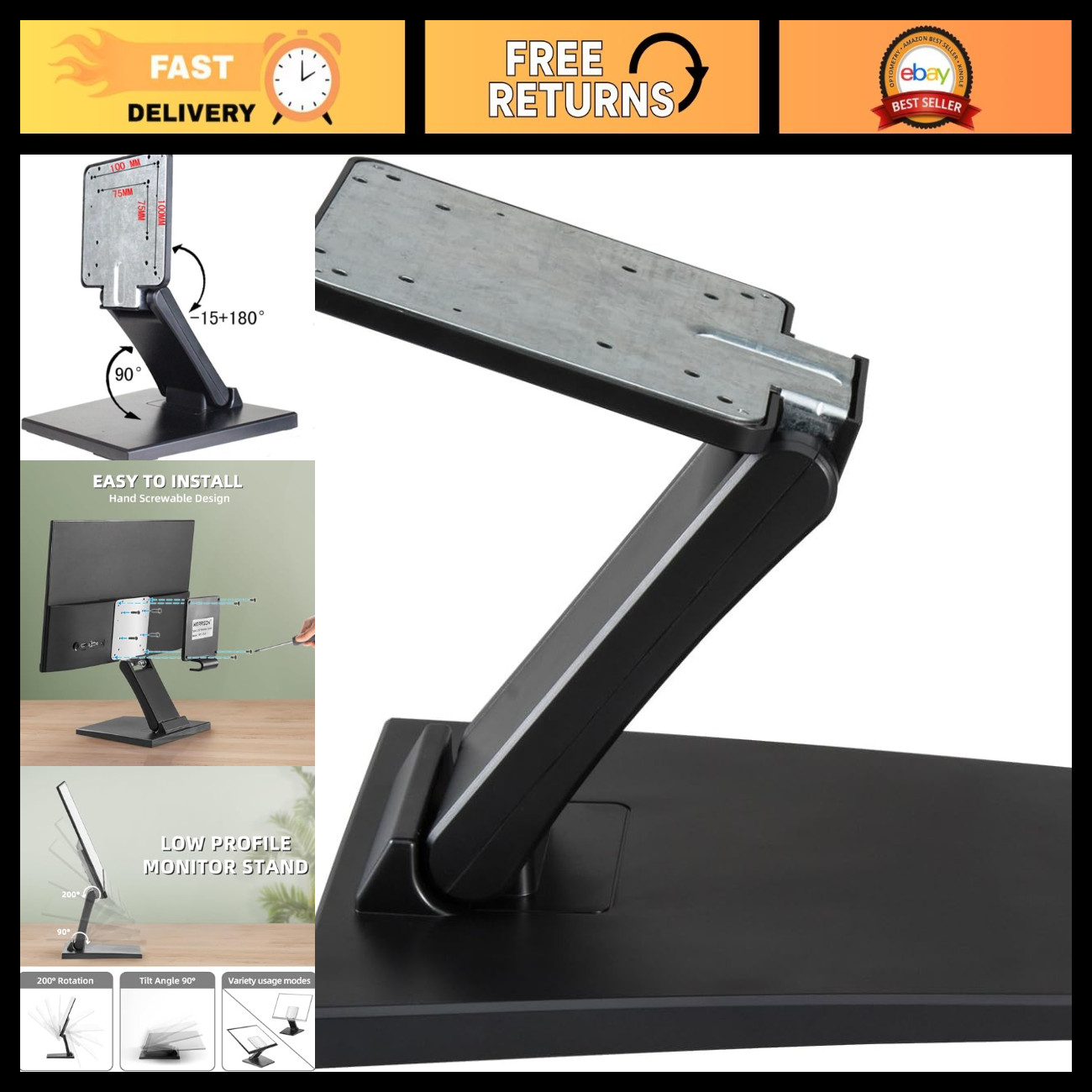 Low Profile Foldable VESA Monitor Stand 75x75mm & 100x100mm - Space-Saving Desig