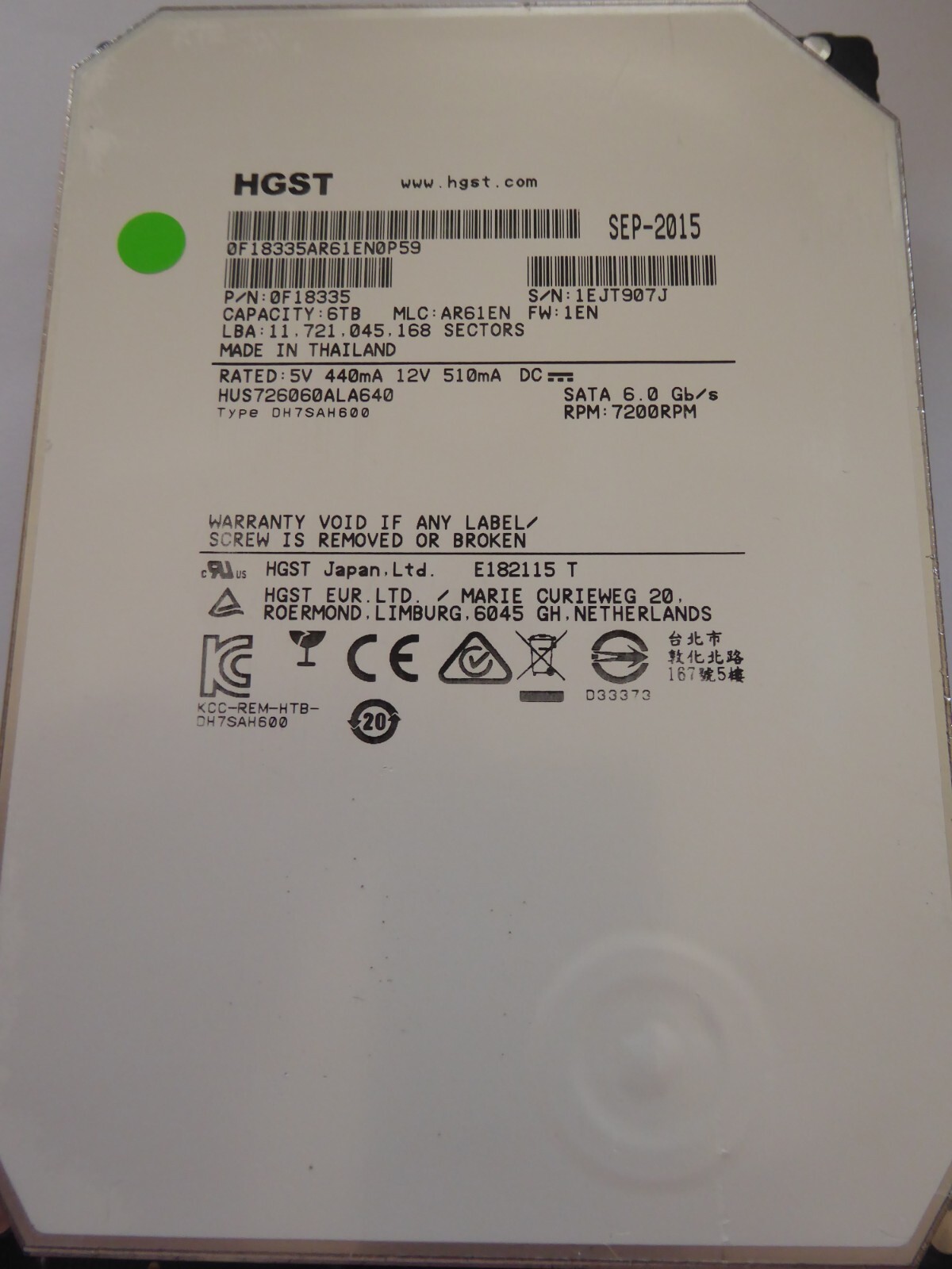 6TB HGST HUS726060ALA640 MLC AR61EN P/N 0F18335 SEP-2015 0J24561 BA4851D Hitachi