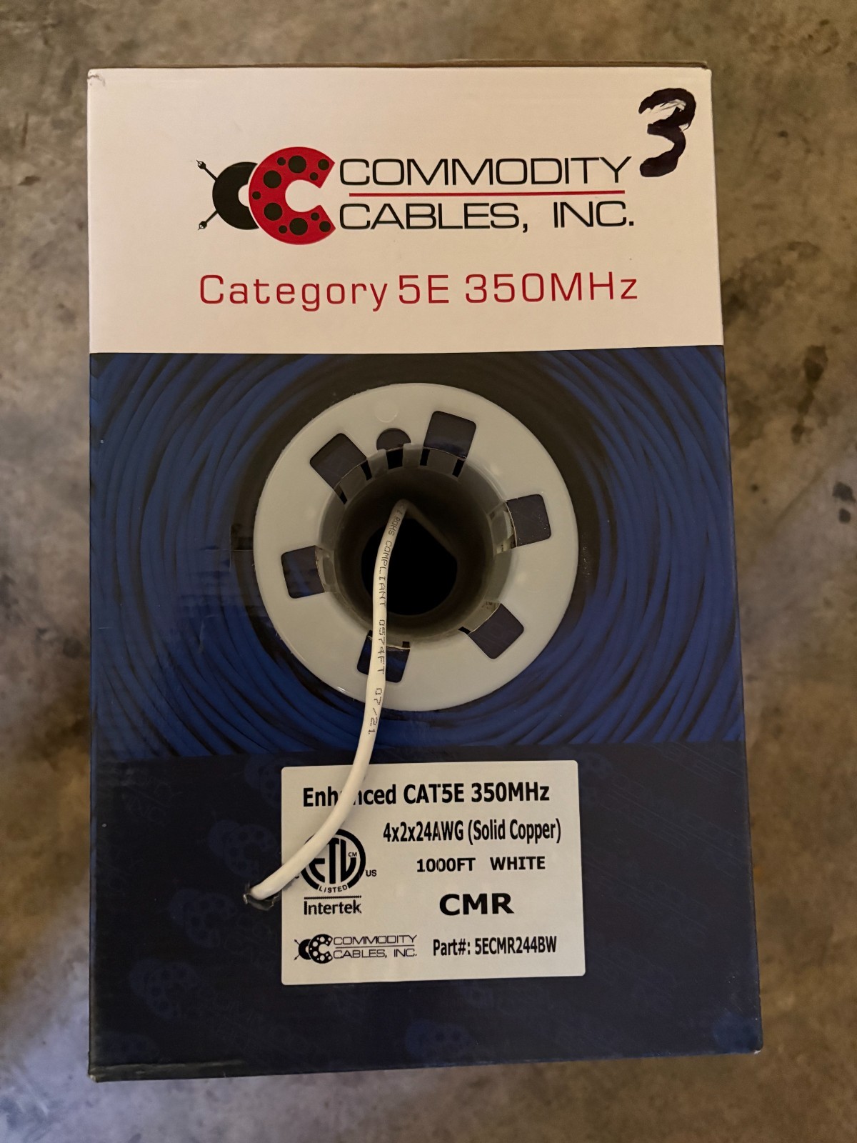 Commodity Cables Cat5e CMR Riser Ethernet Cable White 24 AWG Solid Copper ~568ft