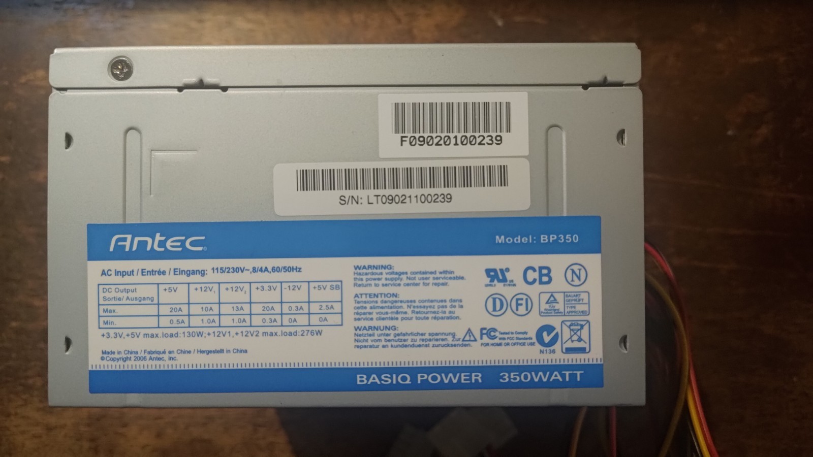 Antec Basiq BP350 350W ATX12V v2.01 Desktop Power Supply — Used, As-Is