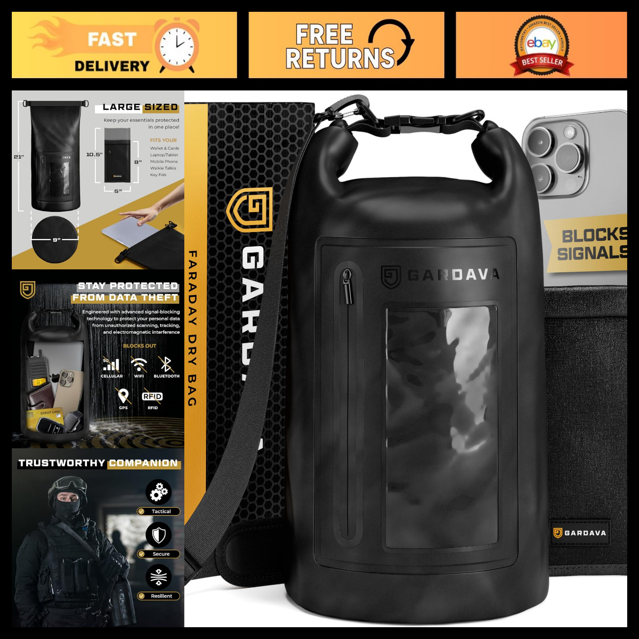 Military Grade Faraday Bag - Waterproof EMP Shield for Laptops & Phones, Large D