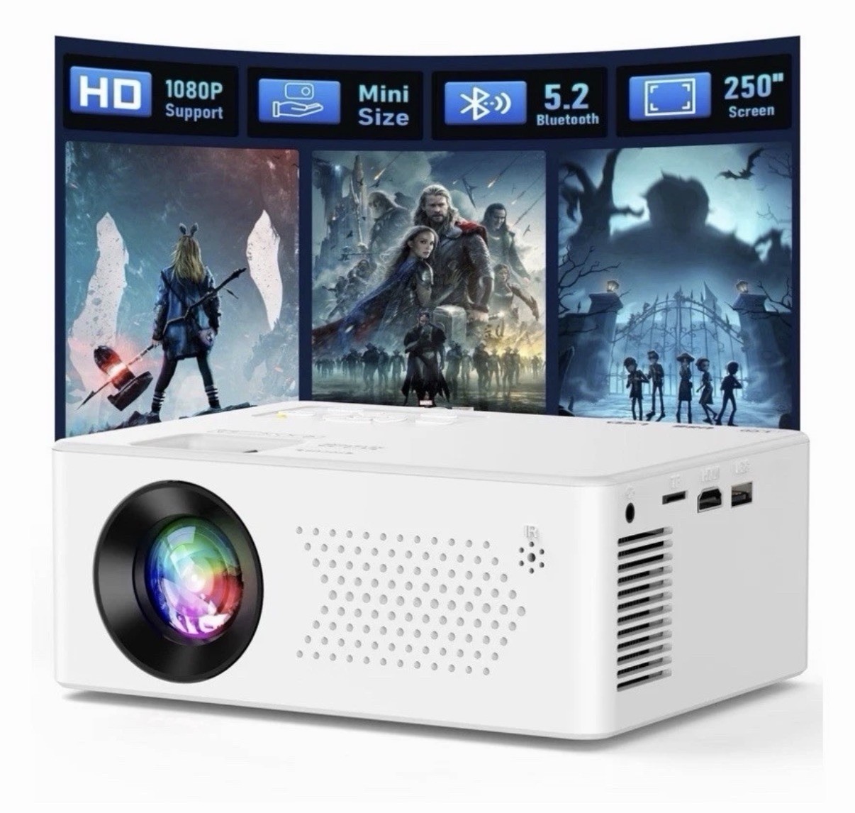 FRESHDEW Mini Projector 1080p Native 4K Max LED Portable HDMI USB TF White
