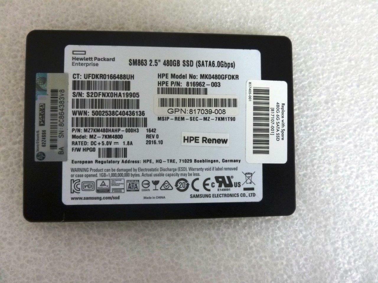 HPE 816987-B21 480GB SATA-6G SSD 2.5IN SFF 816962-003, 817039-008  817107-001