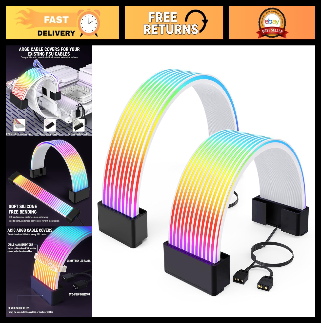 RGB Cable Cover Kit - Flex Power Cable Sleeve for 24-Pin & GPU, ARGB PSU Extensi