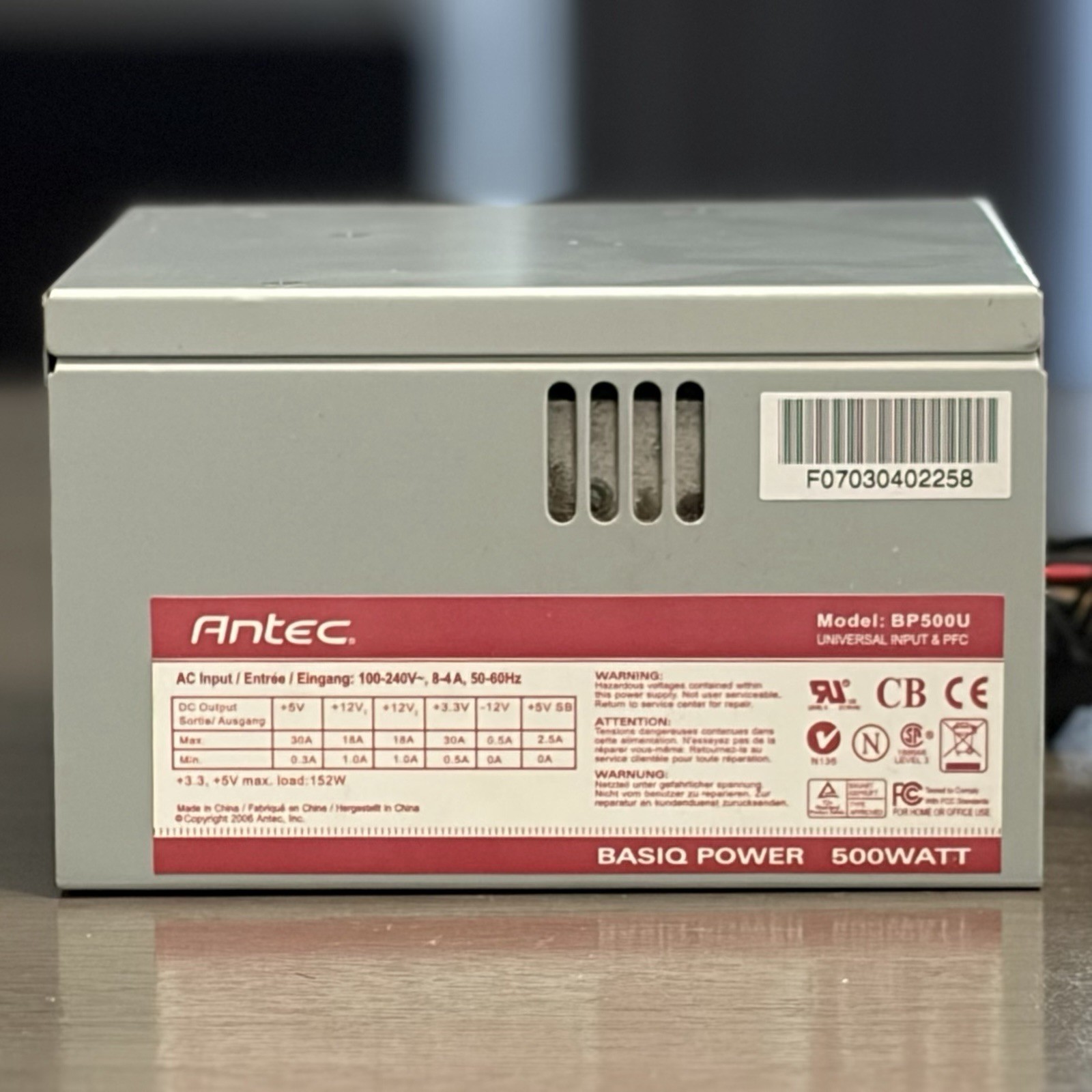 Antec BP500U Basiq Power 500 Watt ATX 12V Power Supply 80 Plus 100V-240V