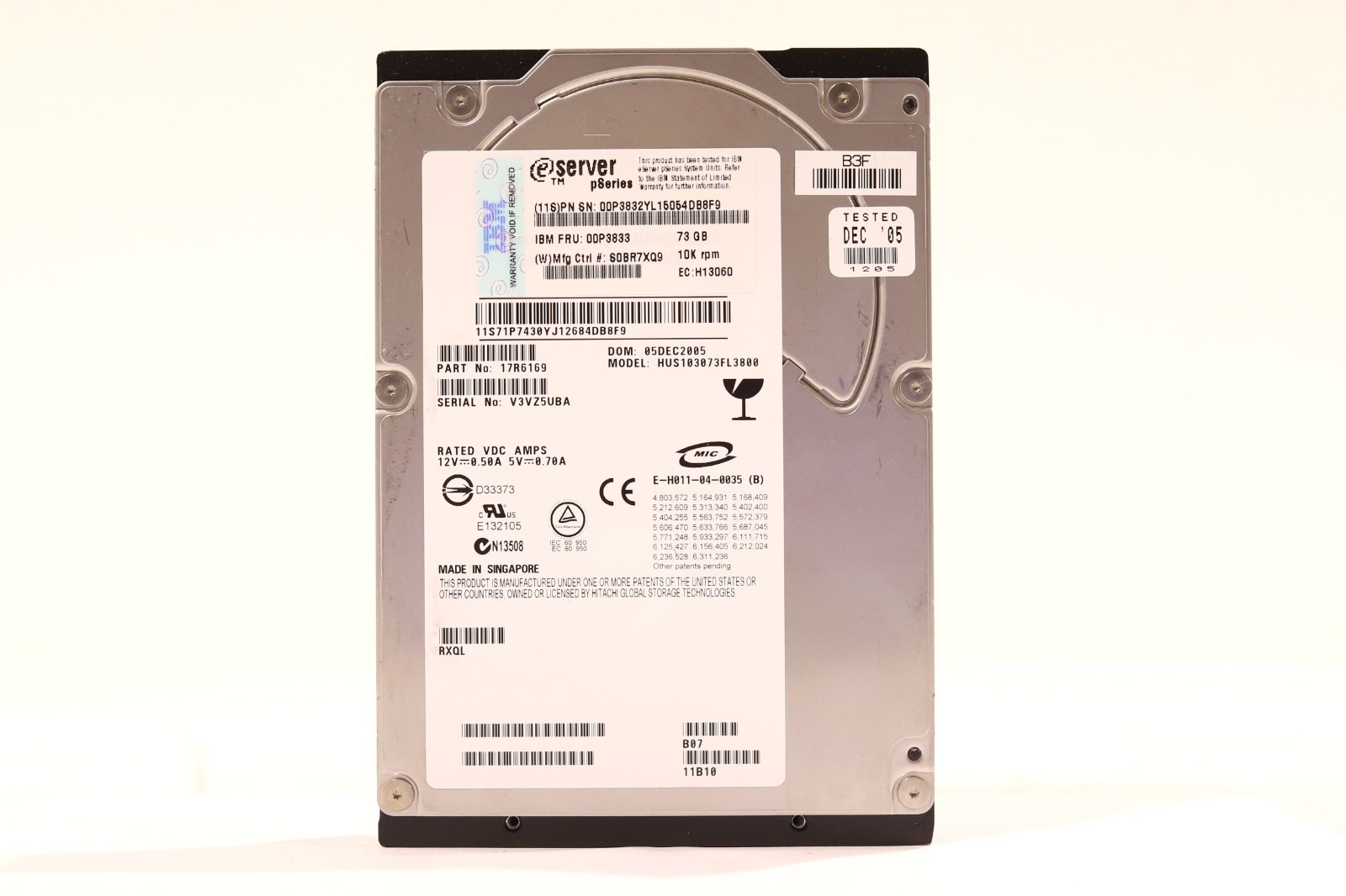 IBM HUS103073FL3800 73GB 3.5" 8MB 10K RPM Ultra320 SCSI HDD FRU P/N: 00P3833