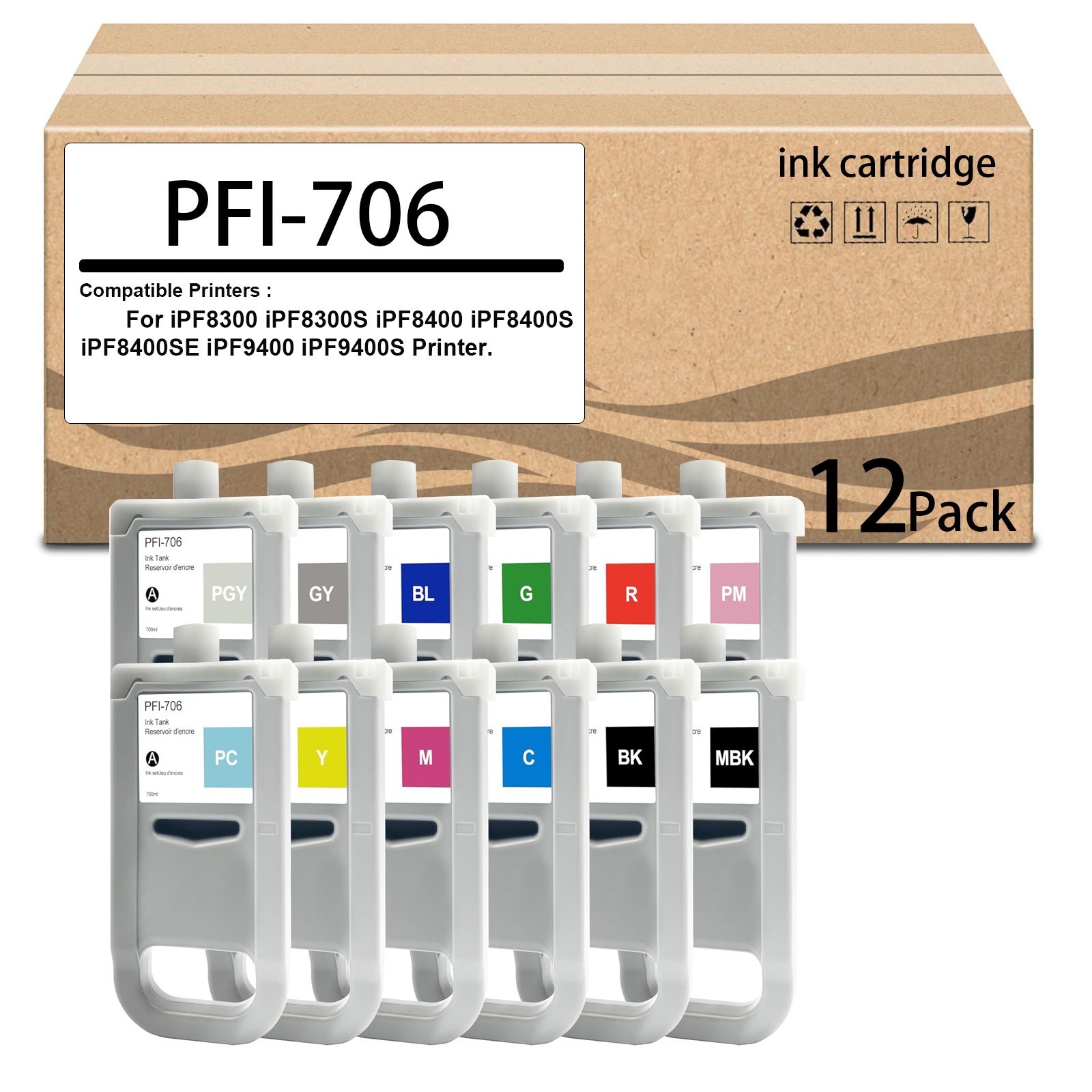 12 Pack  Ink Tank for PFI706 Ink Cartridge for imagePROGRAF iPF8300 iPF8300S