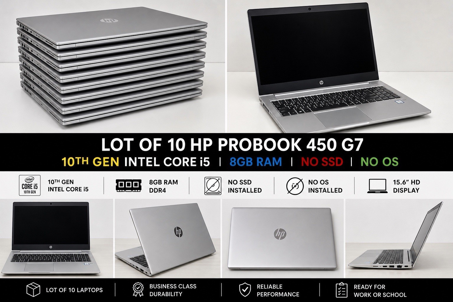Lot Of 10 HP ProBook 450 G7 15.6" Laptop i5-10210u 8GB RAM No SSD Grade A & B
