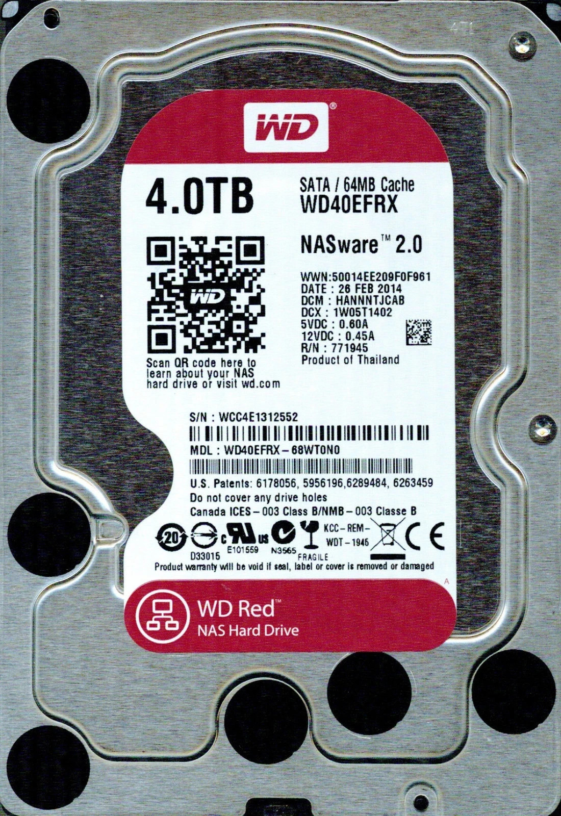 Western Digital WD Red 4TB NAS Hard Drive WD40EFRX SATA 64MB 3.5" HDD