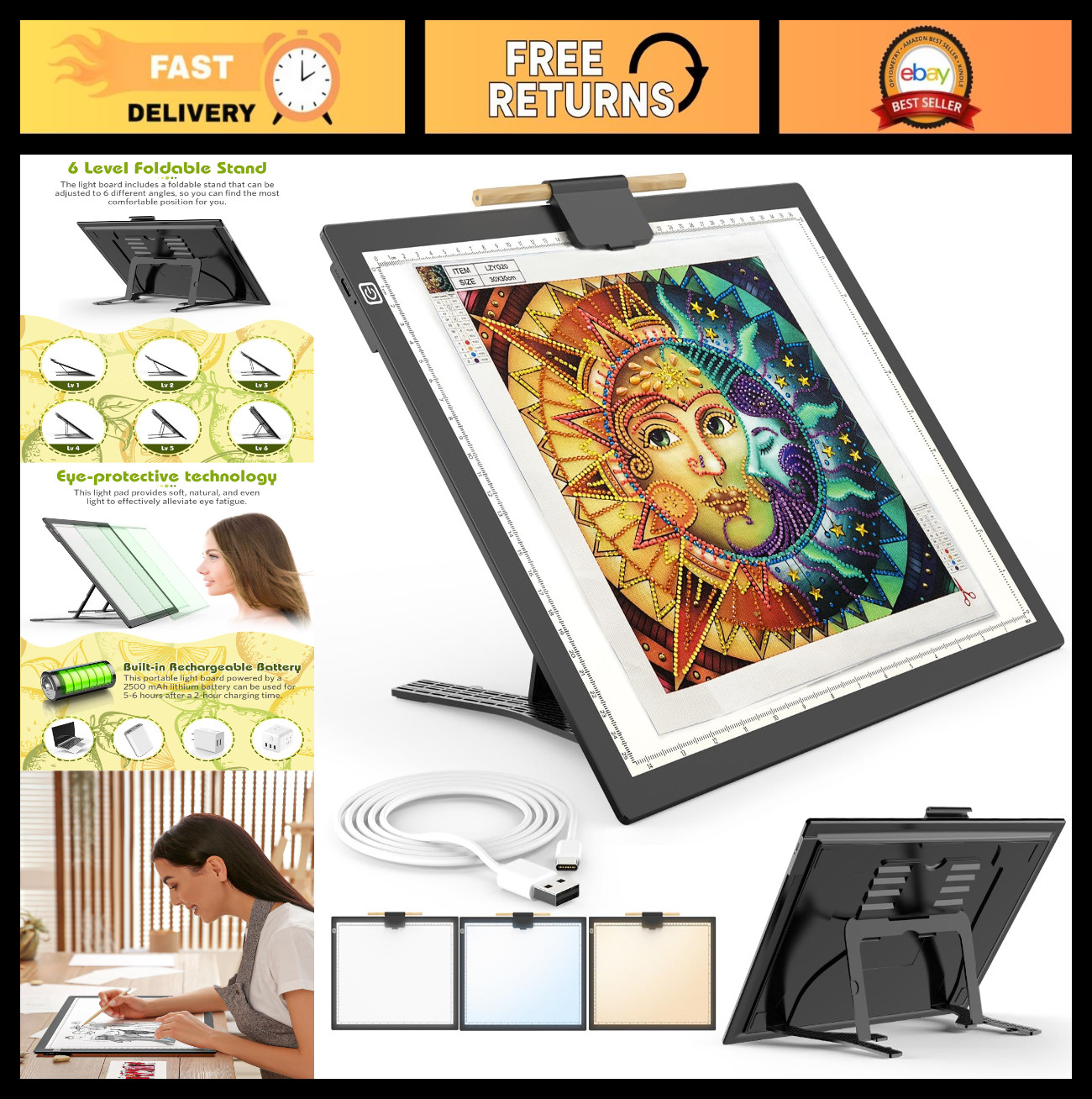 Rechargeable A3 Light Pad - Ultra-Thin Tracing Board with 3 Colors & 6 Brightnes