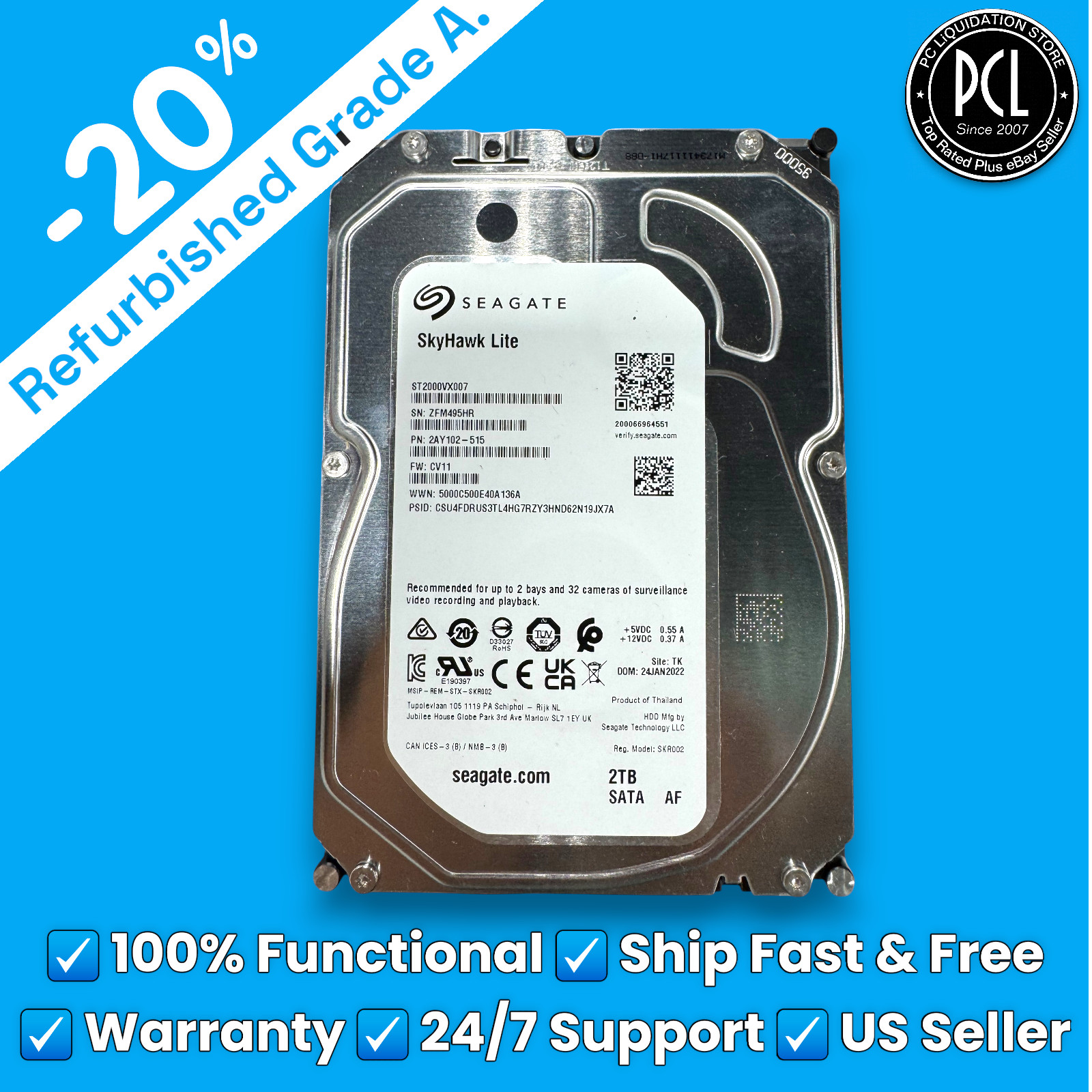 ✅ Seagate Skyhawk Lite 3.5" 2TB Surveillance Hard Drive ST2000VX007 2AY102-515 ✅