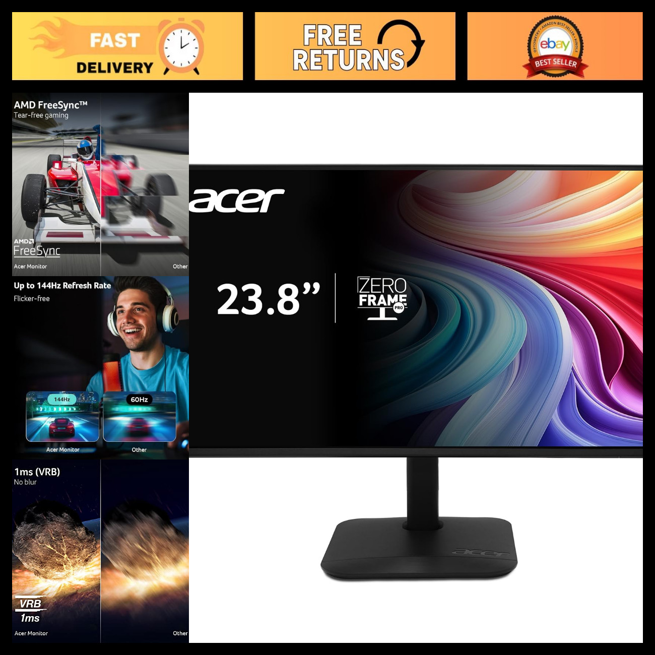 23.8" FHD 1920x1080 IPS 144Hz Gaming & Office Monitor - Ultra Slim Display