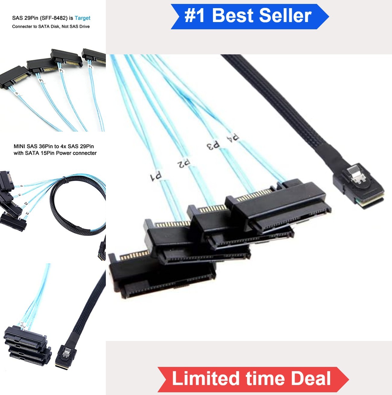 Mini SAS to SAS Breakout Cable SFF-8087 to 4x SFF-8482 with SATA Power Adapter