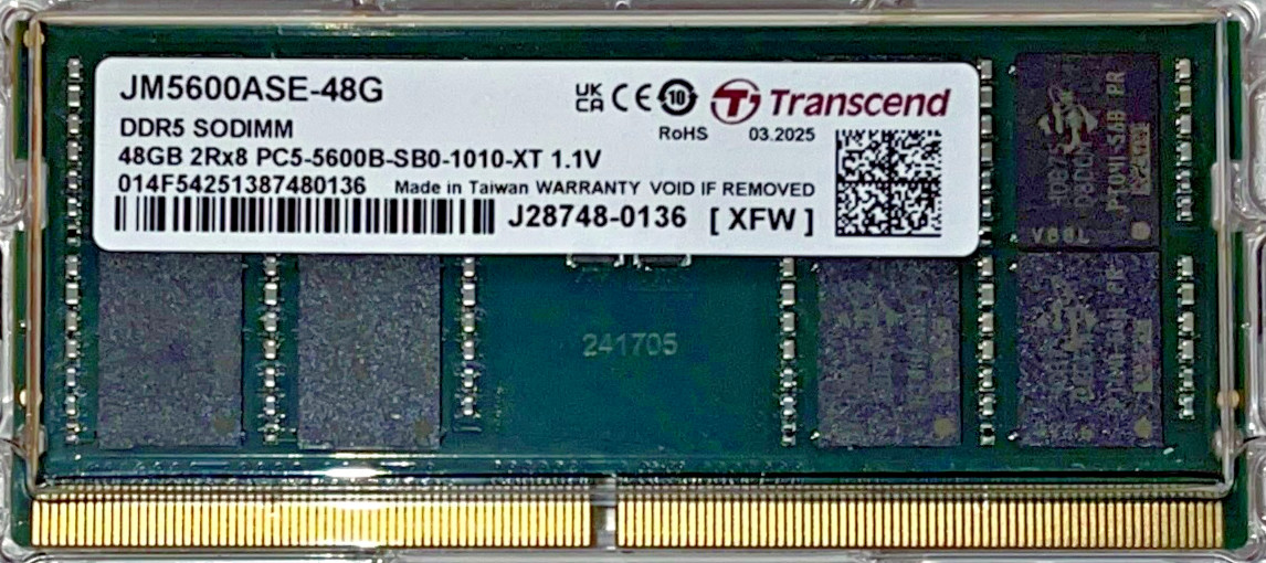 Transcend 48GB 5600MHz PC5-44800 Non-ECC Unbuffered JetRam DDR5 Laptop SODIMM