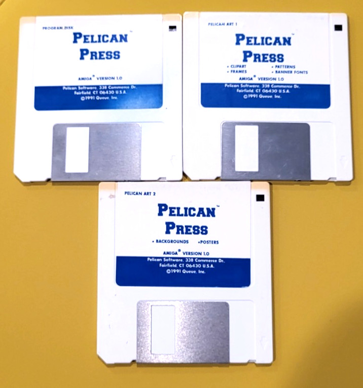 Pelican Press Publishing Software, 3 floppy disks for Commodore Amiga *UNTESTED*