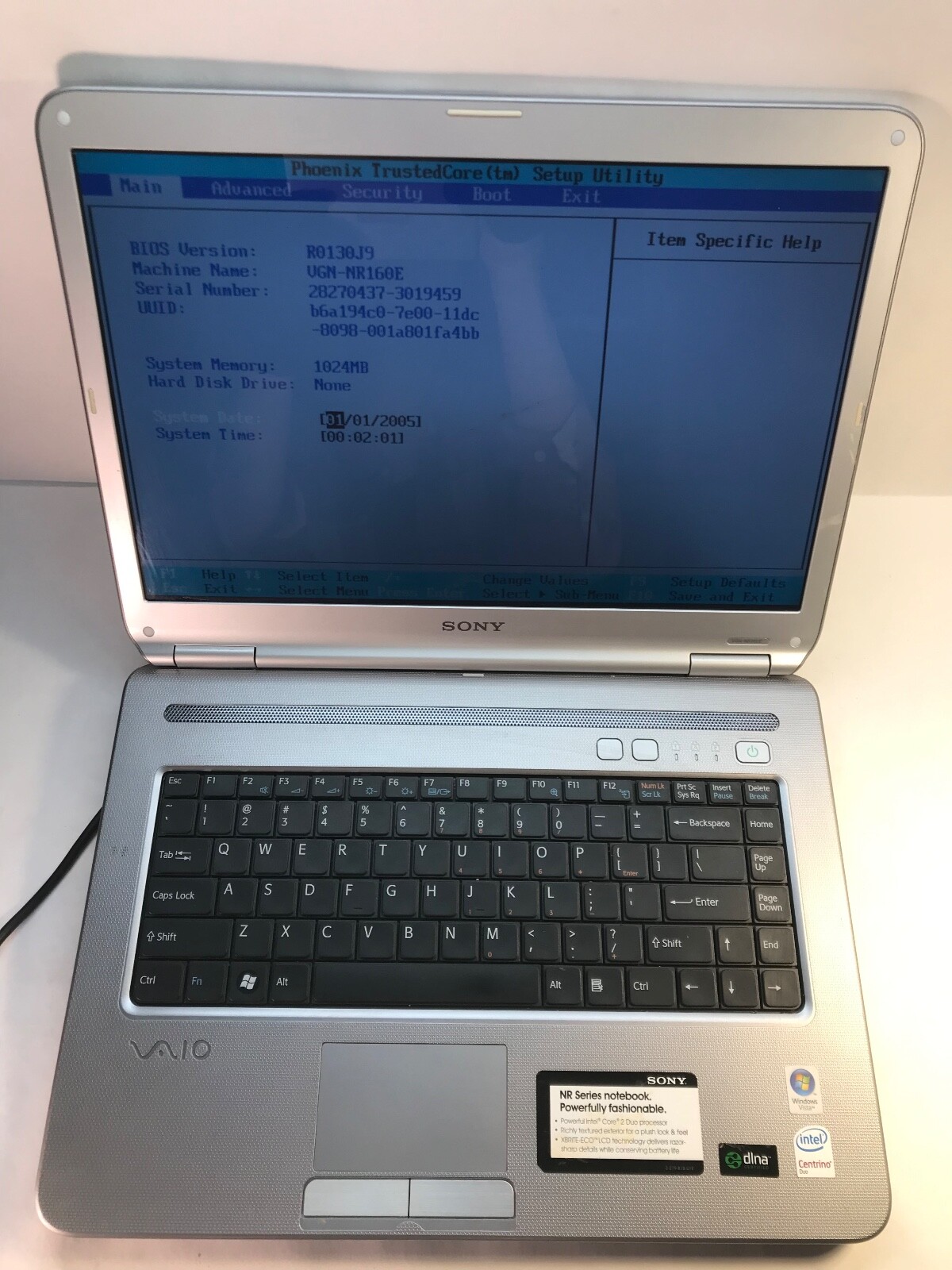 Sony VAIO PCG-7Z1L NR Series 15" Intel Centrino Duo 1Gb RAM-BOOTS TO BIOS -MZ