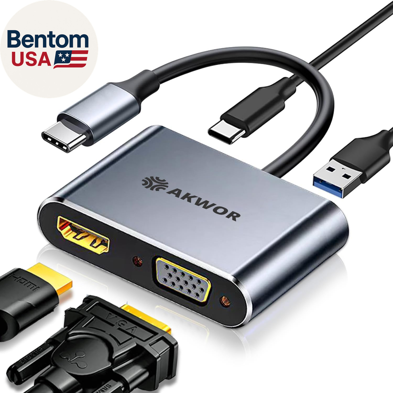USB C to HDMI VGA Adapter for Dual Monitor, 4 in 1 USB C Hub with 4K HDMI, 1080P