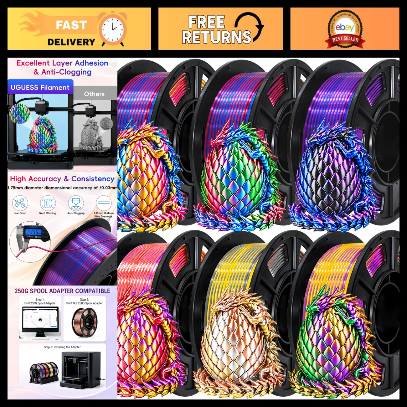 3D Printer Filament Bundle - 1.75mm PLA+ Tri-Color, 250g x 6 Spools for Printing
