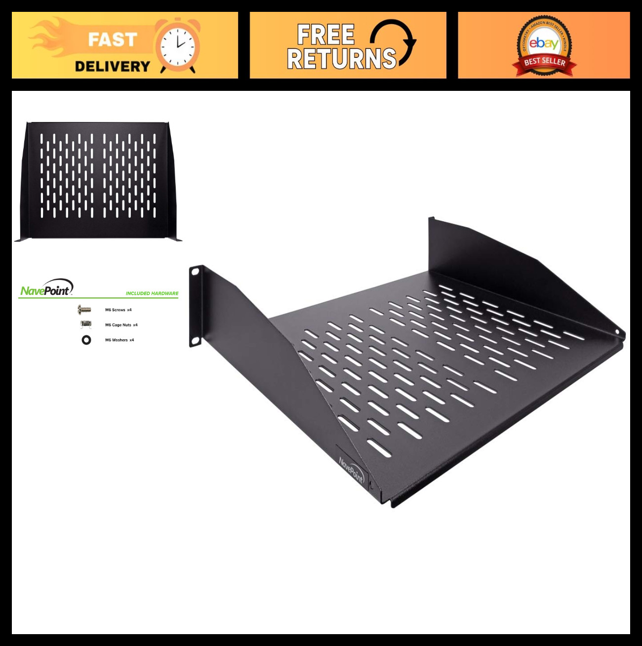 Universal 2U Vented Rack Mount Cantilever Shelf - 19-Inch, 14-Inch Deep, Black