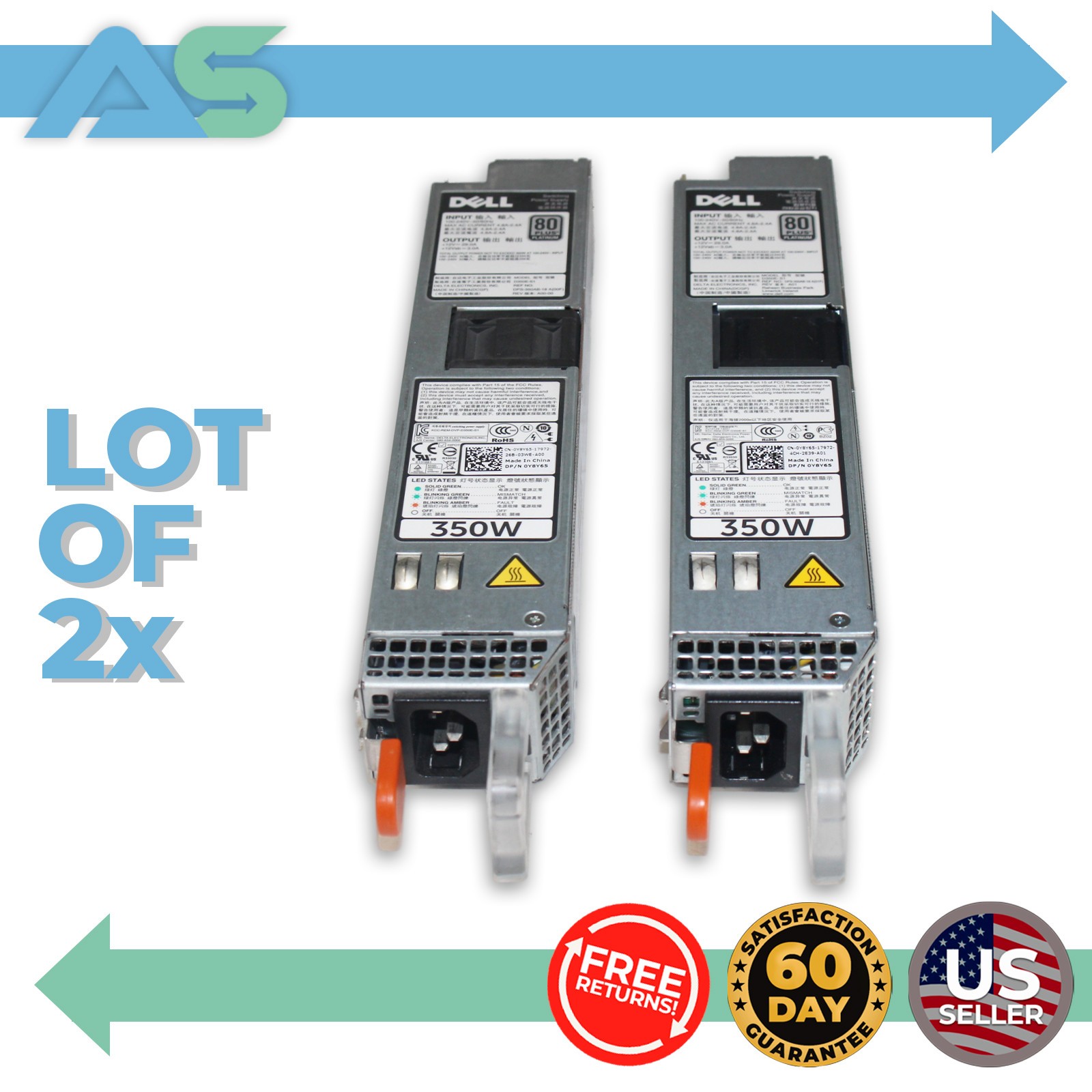 Lot of 2 Dell D350E-S1 PowerEdge Server 350W Power Supply Unit 80 Plus Platinum