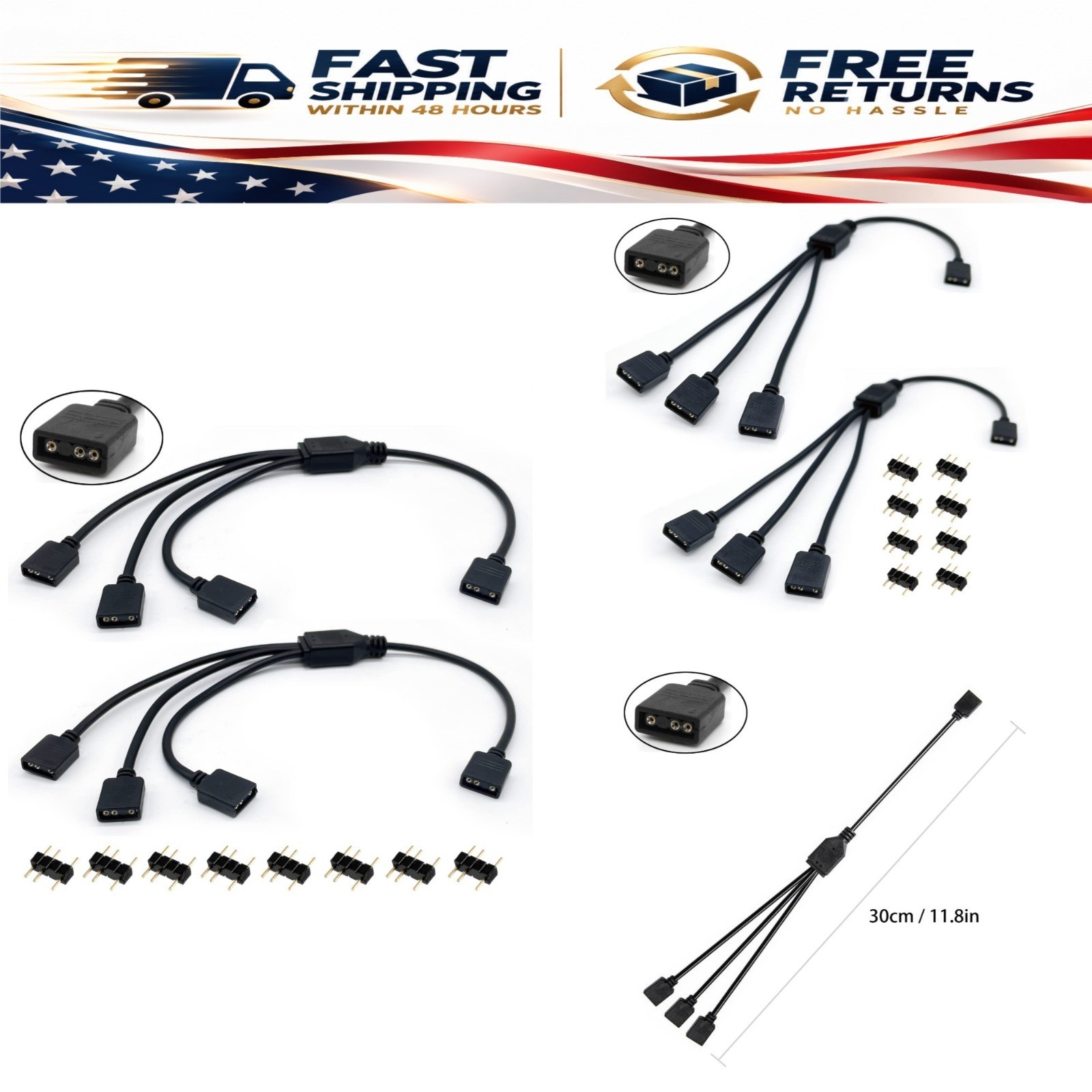 Jstincal 1-to-3 ARGB Splitter Cable 5V 3 Pin Addressable RGB Extension, 2 Pack