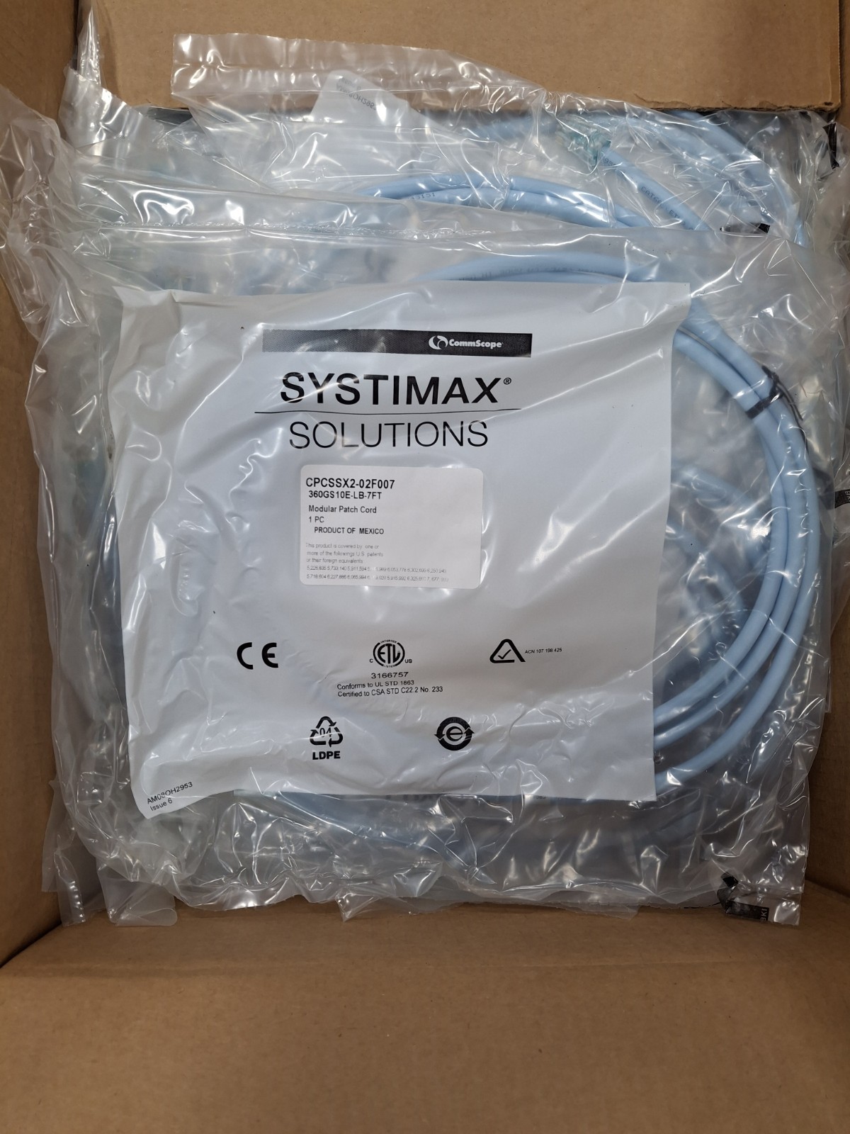(QTY 1) 7ft Commscope CAT 6A Patch Cable 360GS10E-LB-7FT CPCSSX2-02F007