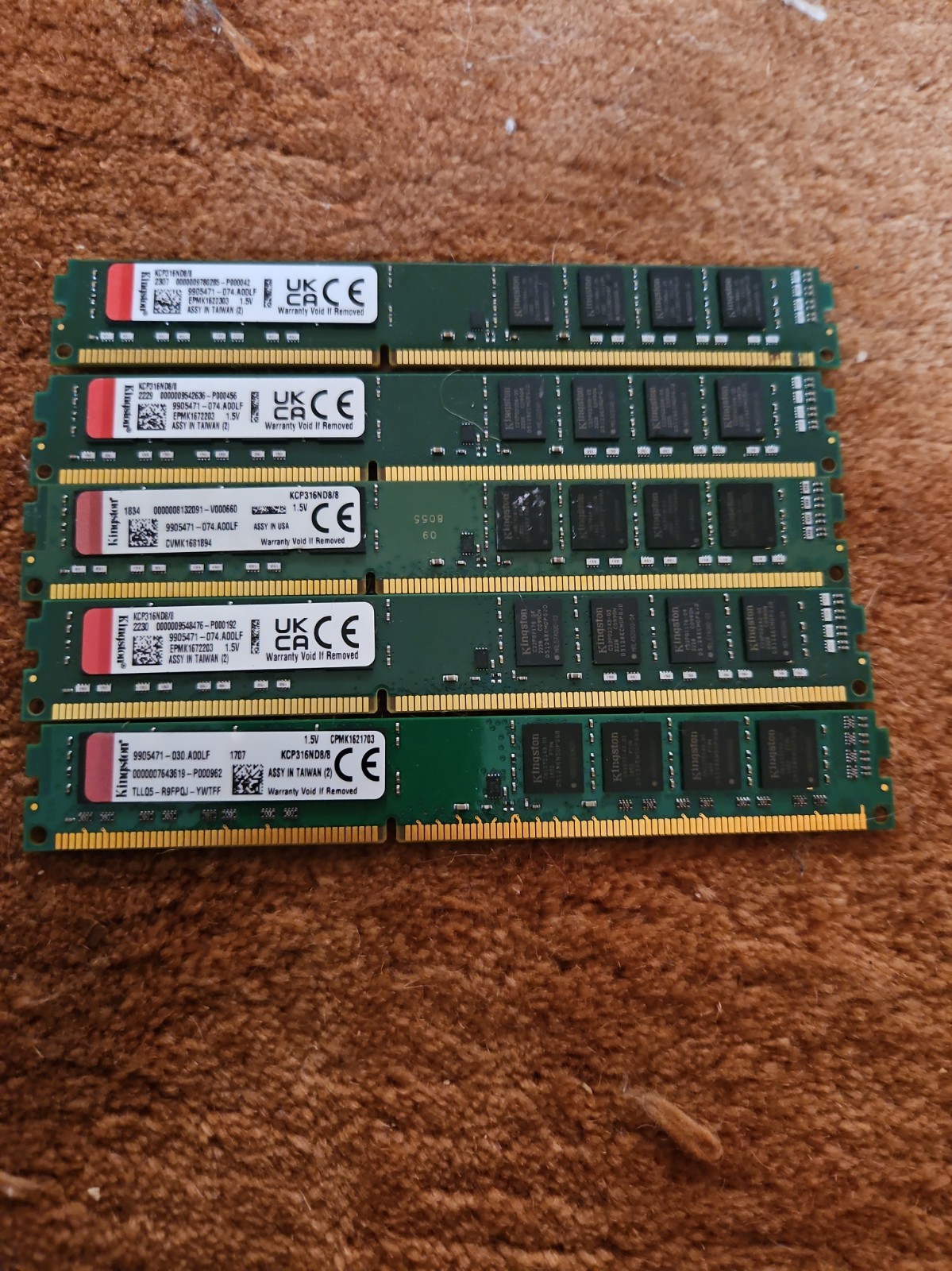 Lot Of 5 Kingston ValueRAM 8GB (1 x 8GB) PC3-12800 (DDR3-1600) Desktop Memory 