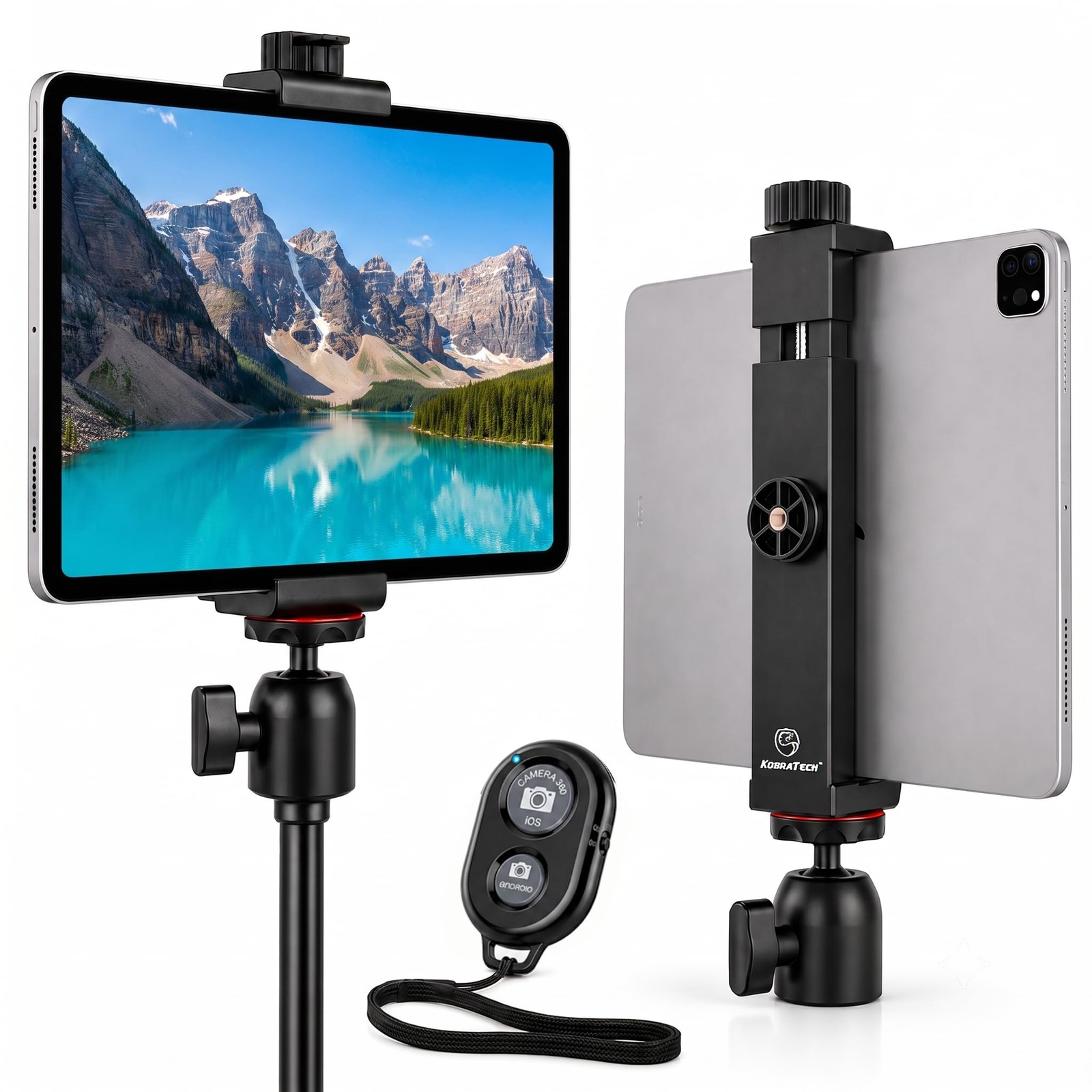 iPad Tripod Mount Holder 360° Swivel Ball Head Bluetooth Remote Tablet Mount