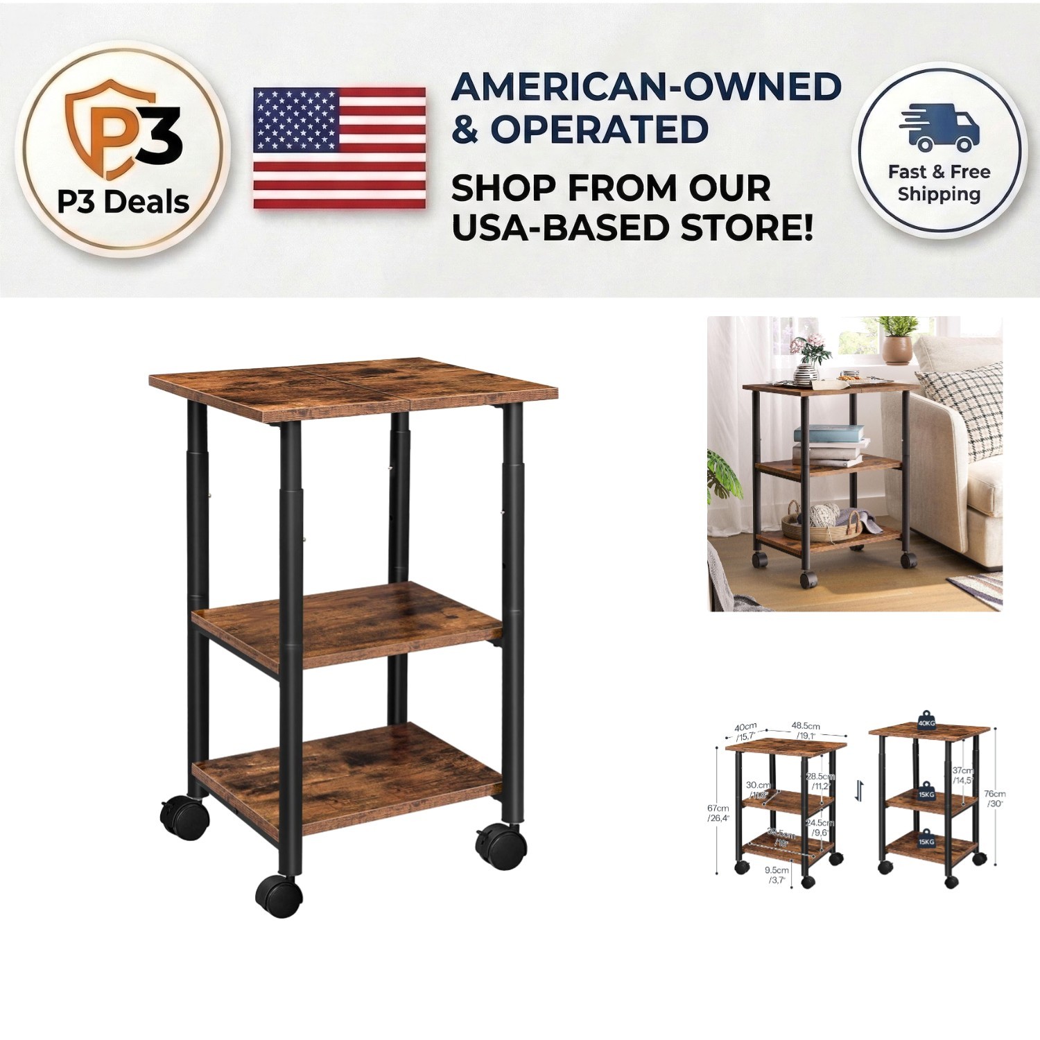 Rustic Brown and Black Printer Cart on Wheels - Heavy Duty 3-Tier Storage Rack