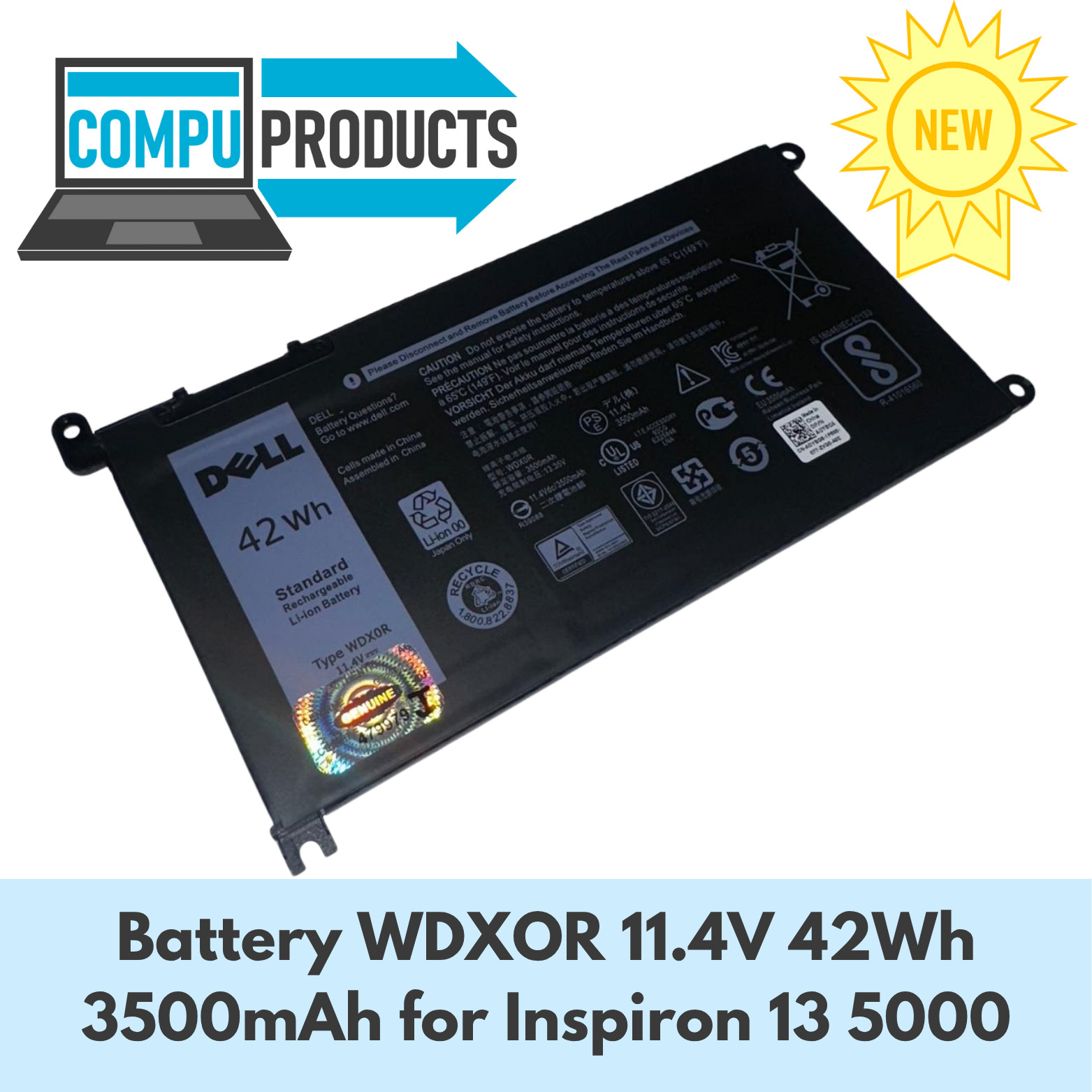 Dell Battery WDXOR 0FC92N 11.4V 42Wh 3500mAh for Dell Inspiron 13 5000 Series