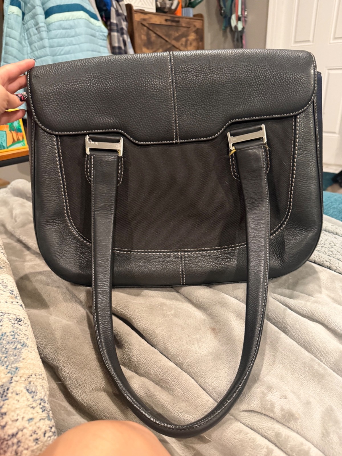 Knomo Lausanne Black Leather Laptop Tote / Computer Bag
