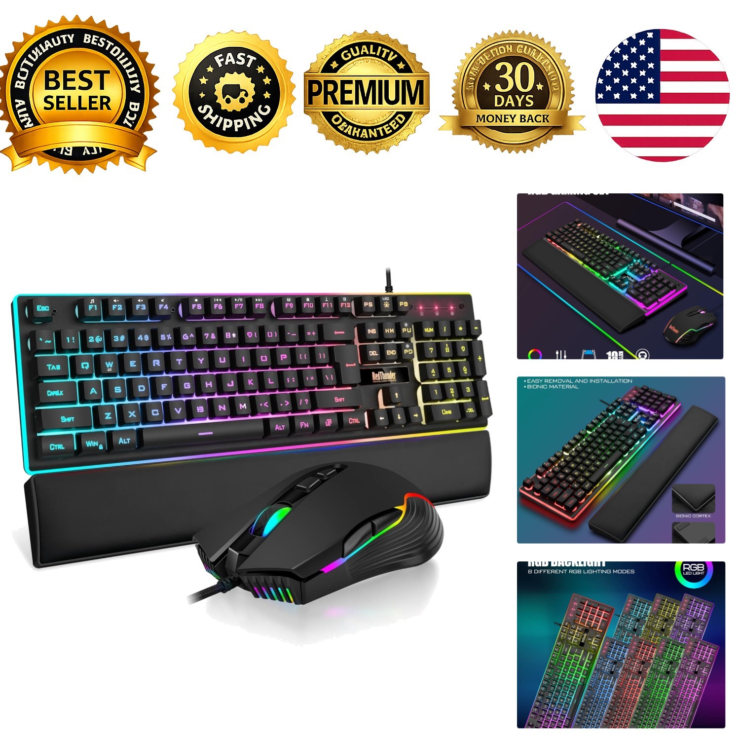 K10 Wired Gaming Keyboard Mouse Wrist Rest Combo RGB Backlit Anti Ghosting
