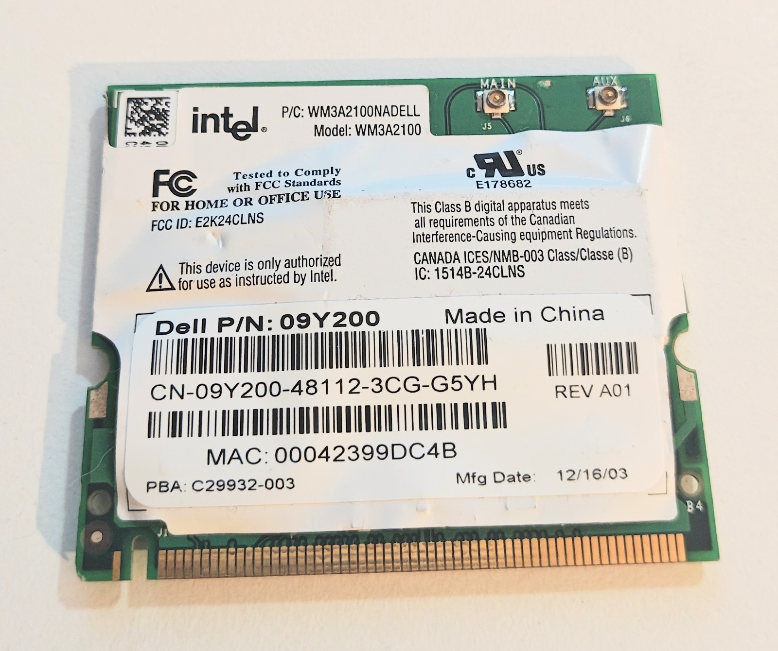 Genuine Dell U2027 Intel Pro/Wireless WM3A2100 802.11b Mini PCI WiFi Wireless