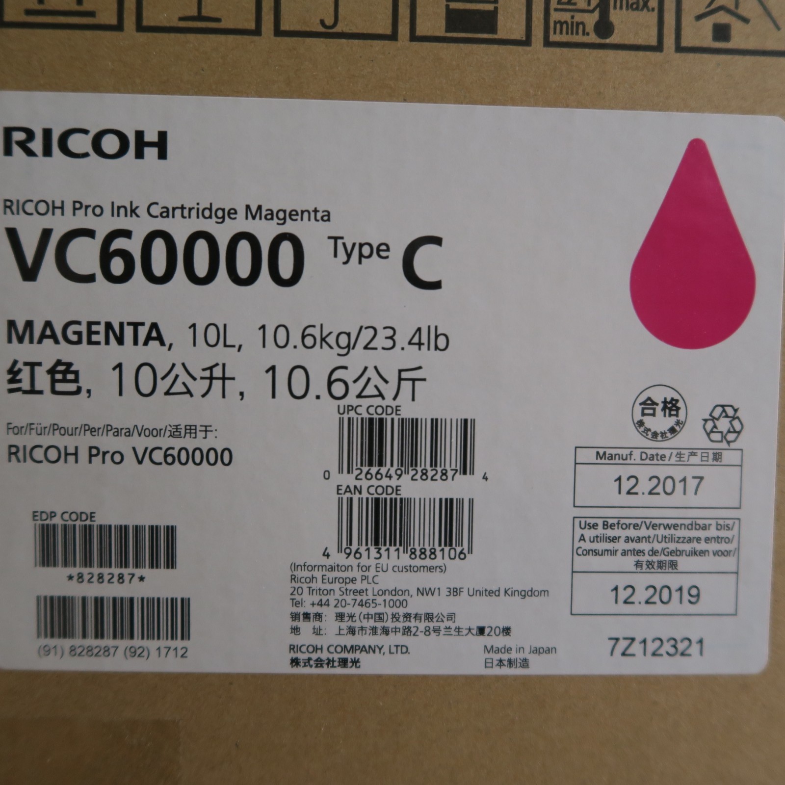 Magenta Pro Ink Cartridge 10L RICOH VC60000 Type C Fresh Stock December 2019  
