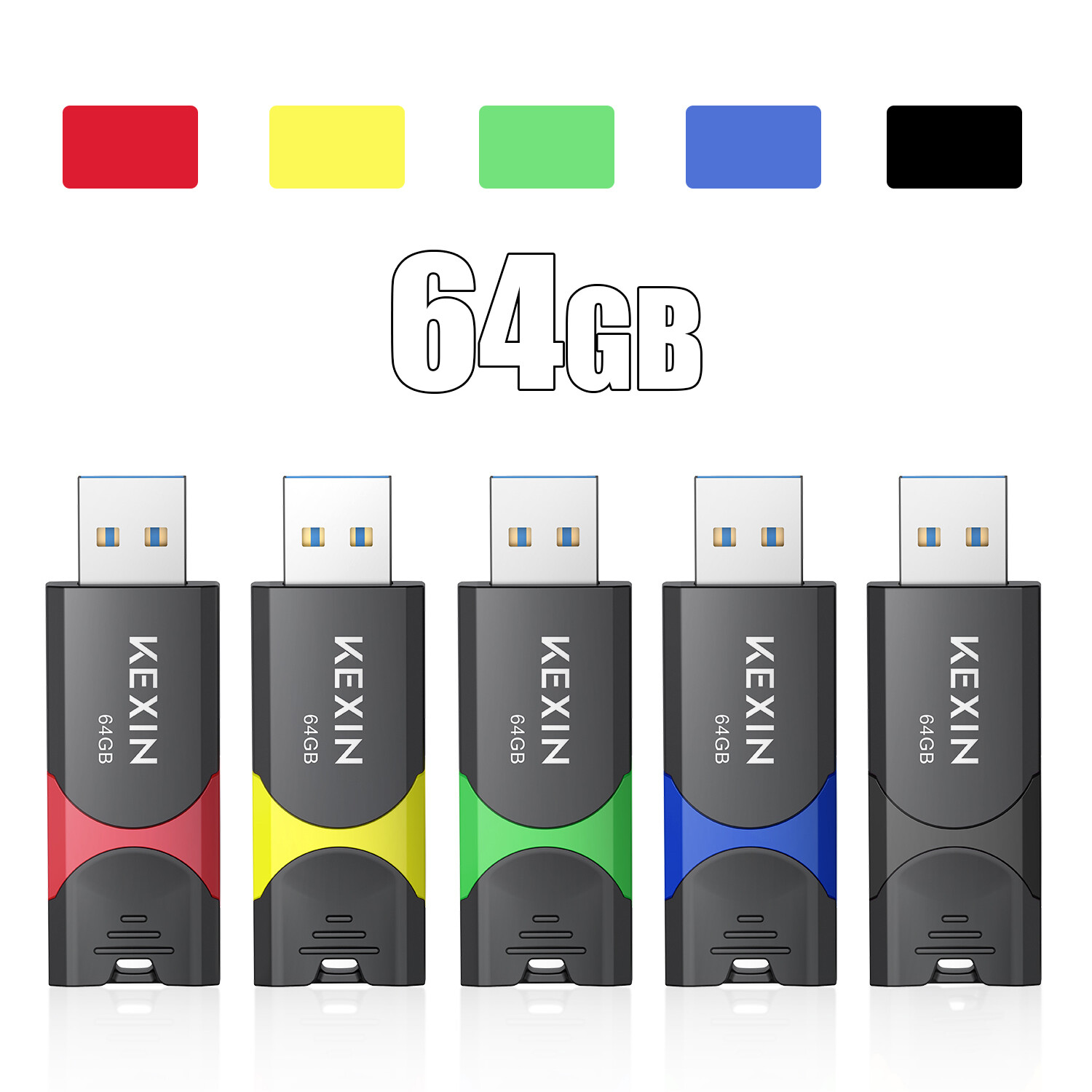 Kexin 64GB USB 2.0 5 Pack Retractable Style Flash Drive Memory Stick Thumb Drive