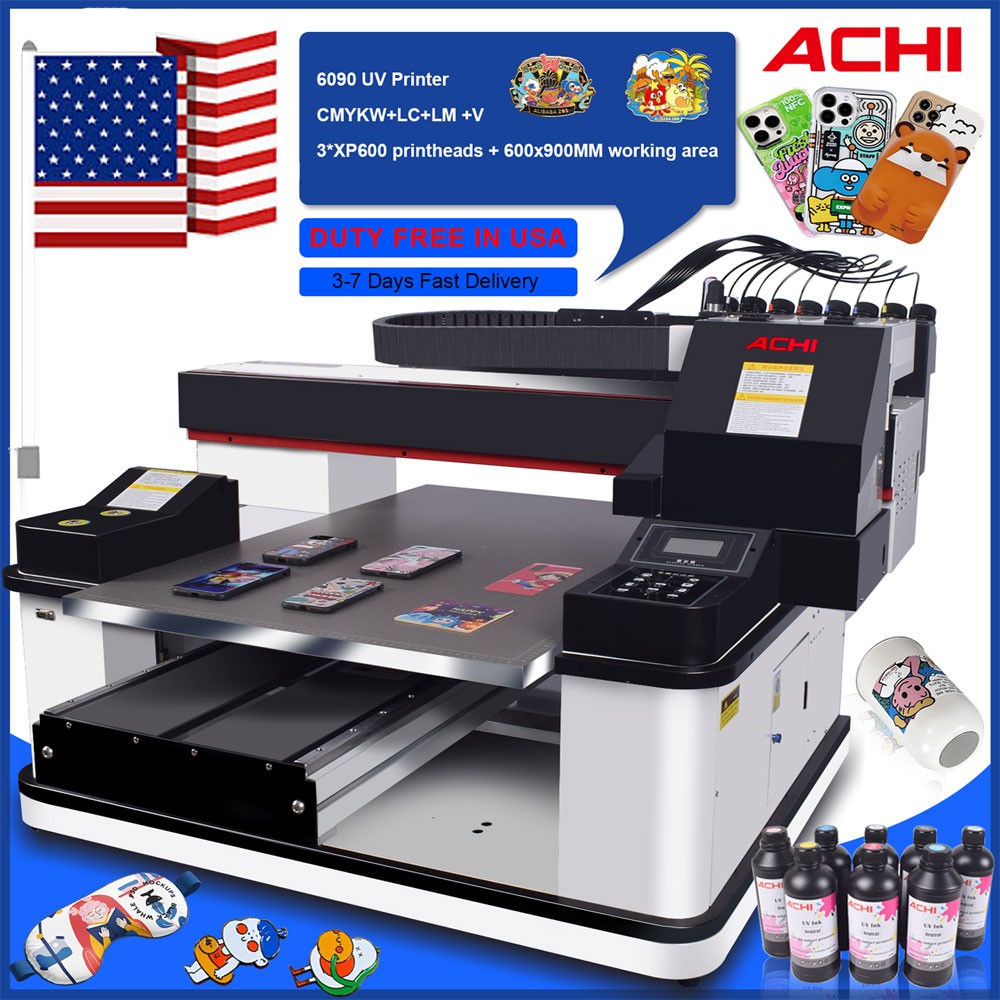 Flatbed 6090 UV Printer 3pcs XP600 PrintHead 3D Emboss Cylindrical Print  Rotary
