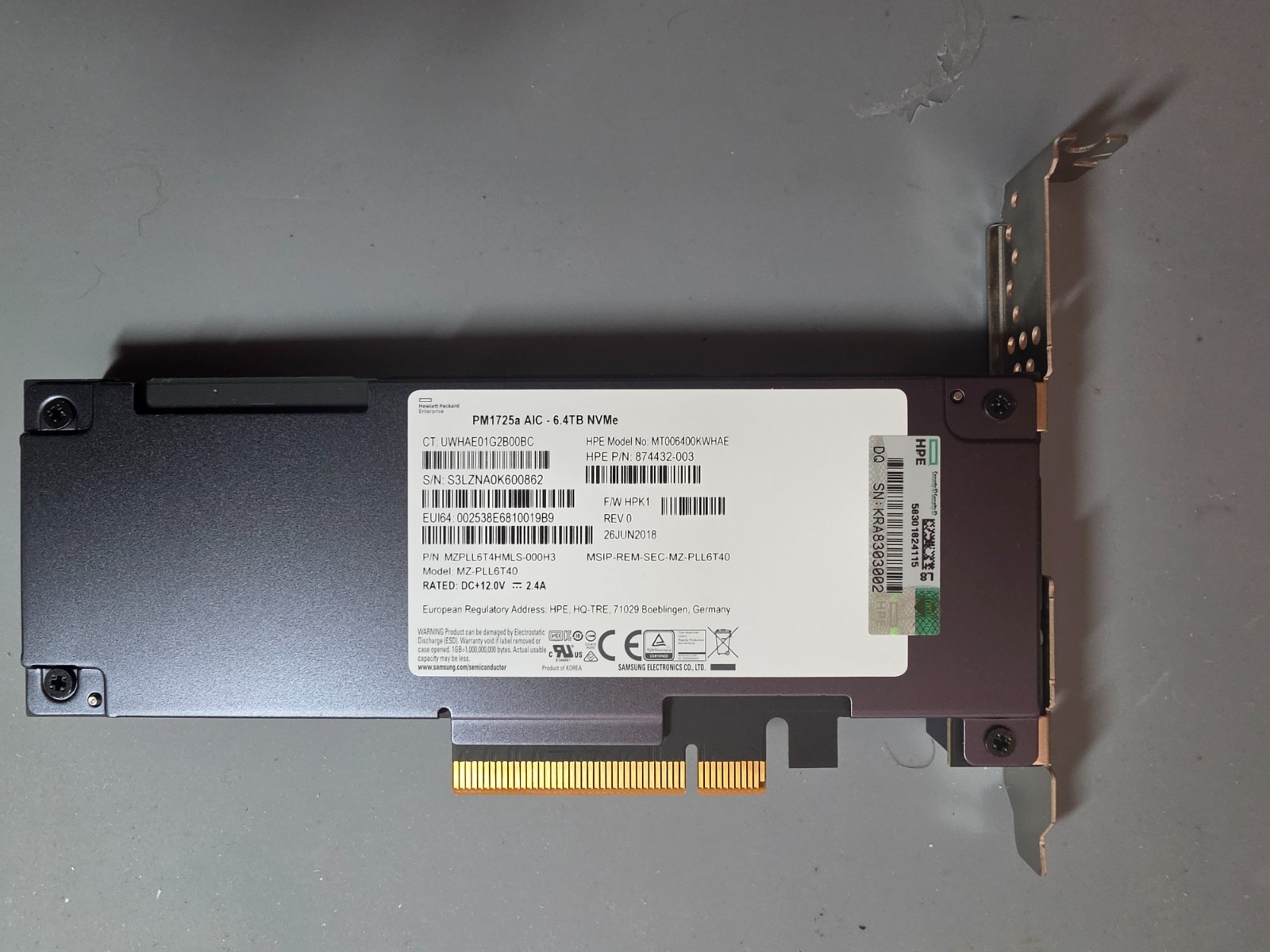 HPE PM1725a 6.4TB NVMe PCIe Enterprise SSD MZ-PLL6T40 Open Box New HP Server