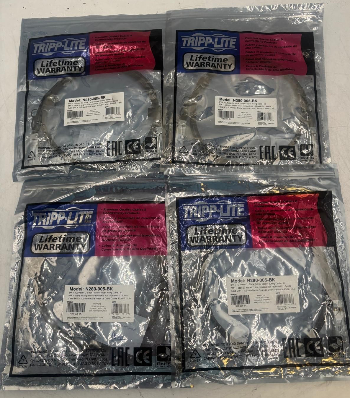 Lot of 4 TRIPP LITE N280-005-BK 5Ft 10Gbase-CU Twinax Copper 30Awg Cable