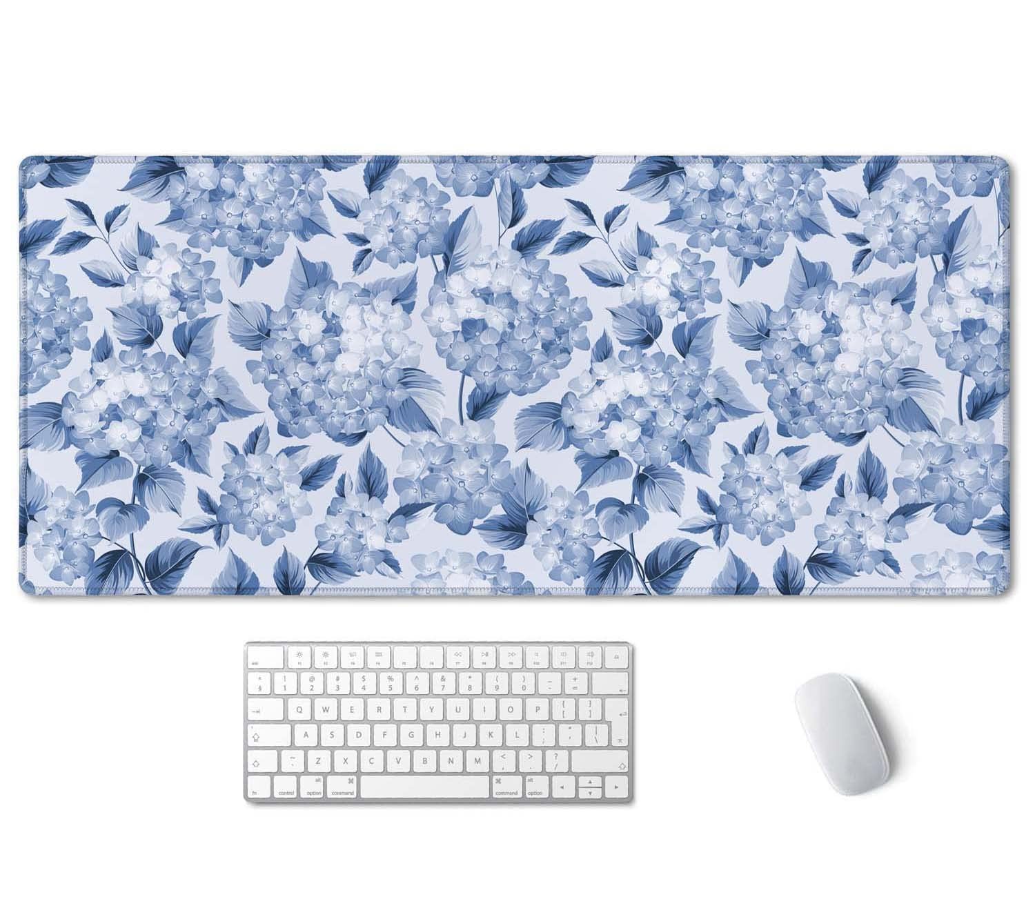 Blue Hydrangea Flowers Desk Mat, Floral Large Aesthetic Mouse Pad 35.5" X 15....