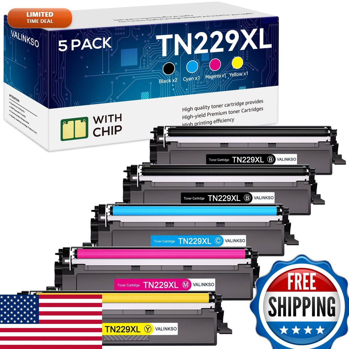 Valinkso TN229XL TN229 Toner Cartridge 5 Pack for Brother MFC-L3780CDW